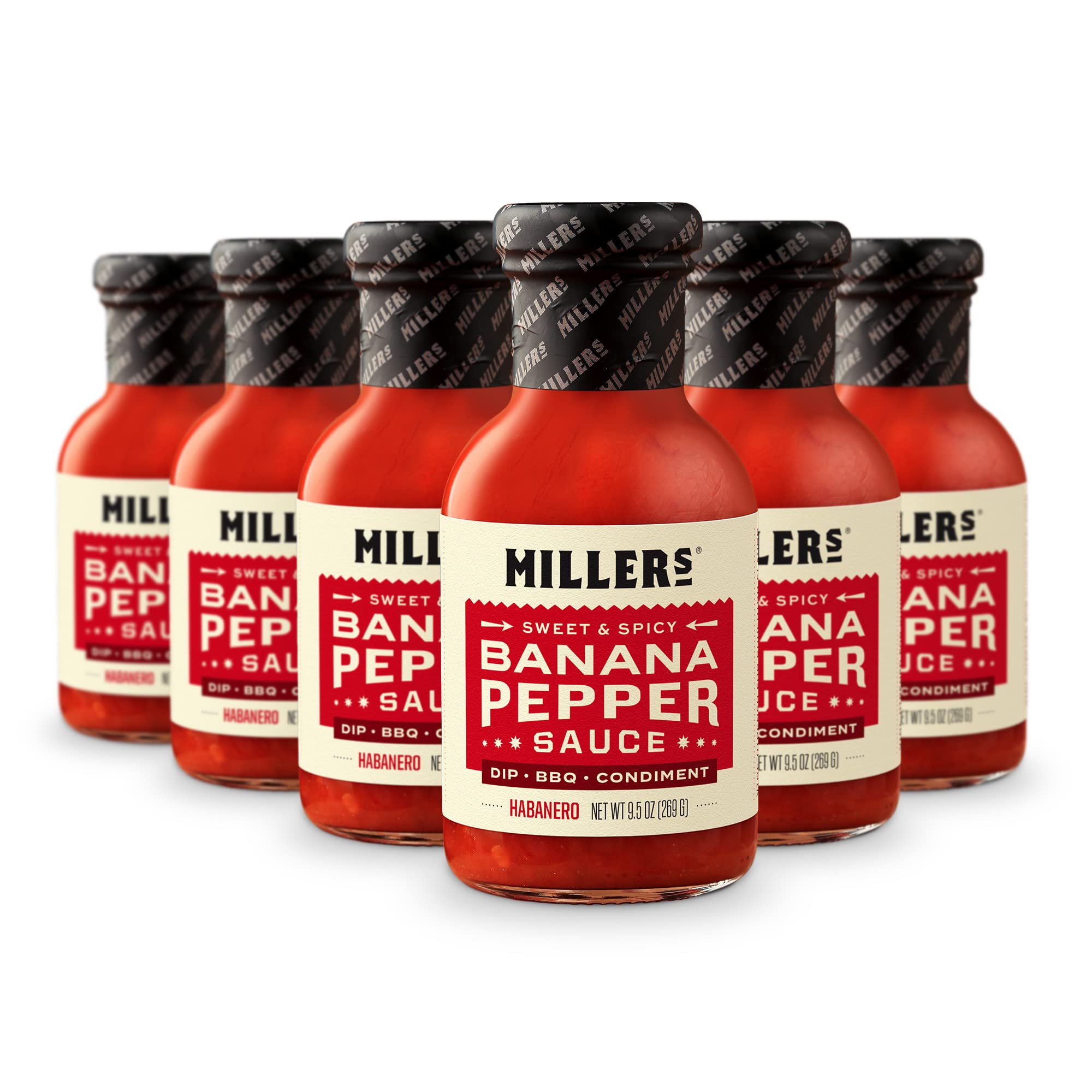 Miller's Banana Pepper Habanero Hot Sauce - Sweet & Spicy Flavor, 9.5oz (Pack of 6) - Perfect for Grilled Meats, BBQ Rubs, Chicken Wings, Sandwiches & Tacos - Gourmet Hot Sauce for Home Cooking & Restaurant Use