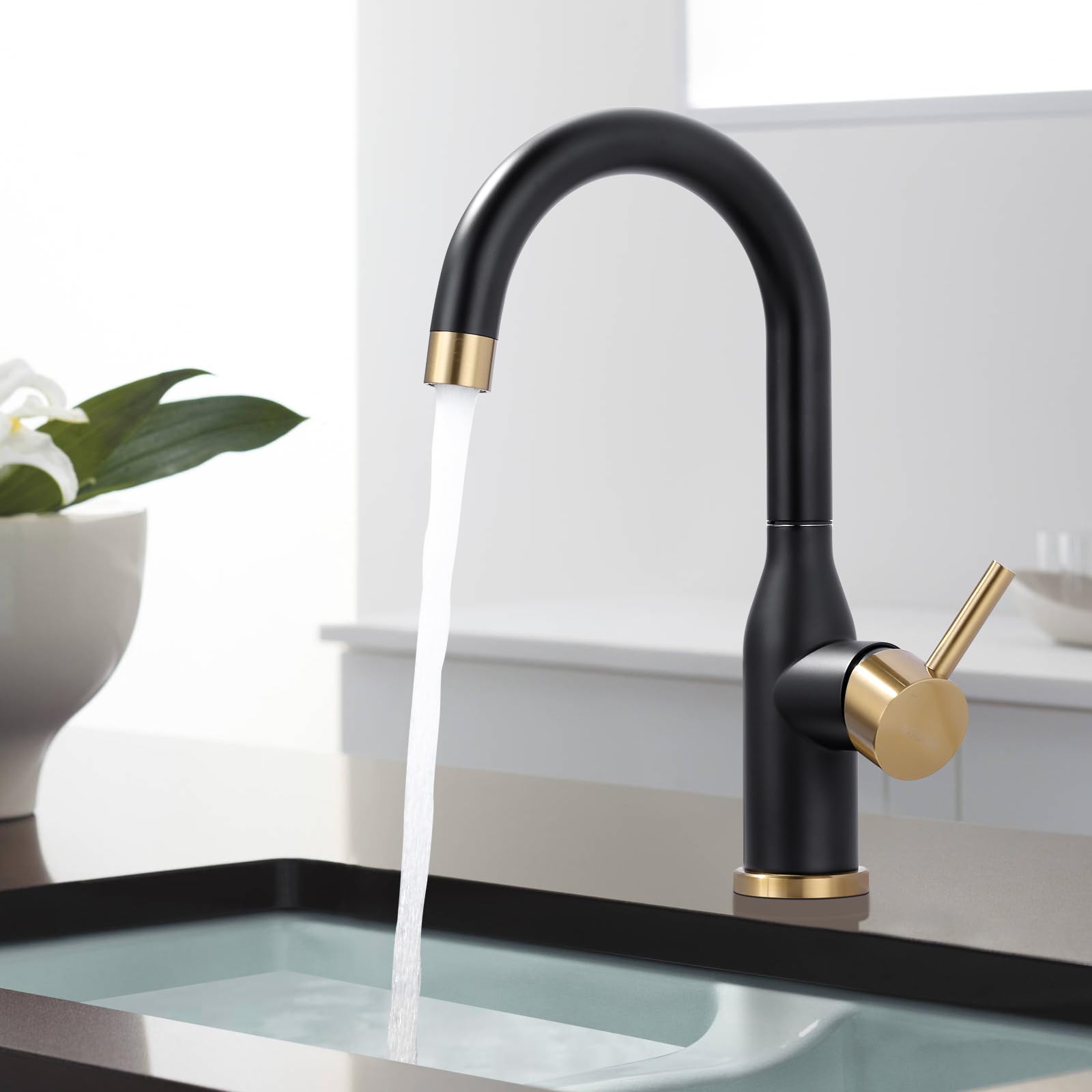 **Black & Gold Modern Single Handle Bar Sink Faucet – 1 Hole Mini Kitchen Faucet with 360° Swivel & Water Supply Hoses – Perfect for RV, Tiny Homes, Wet Bars & Small Kitchen Sinks**