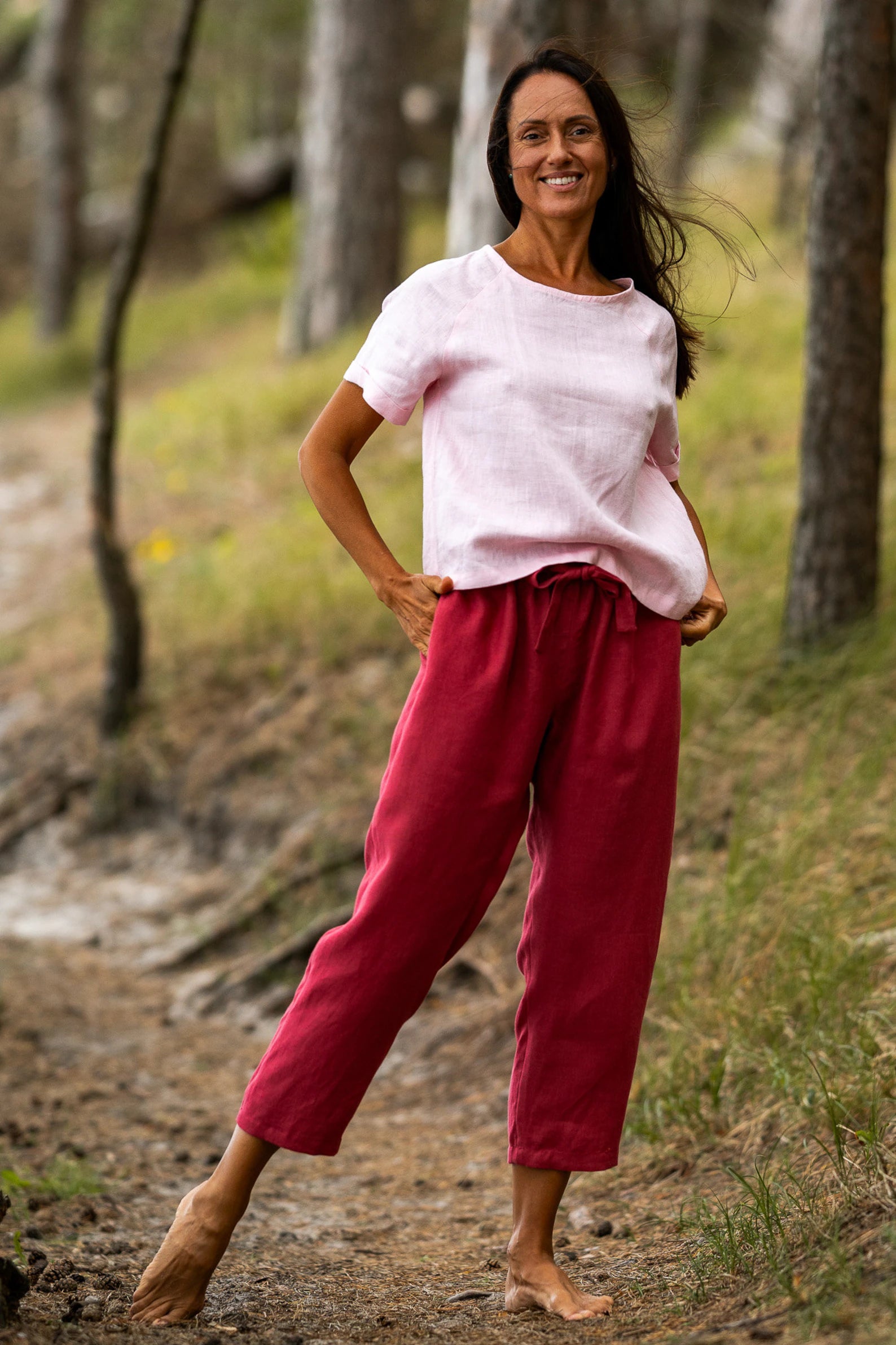 Breathable Linen Pants for Women - IEVA High Waisted Summer Casual Trousers in Raspberry | Perfect for Beach, Travel & Lounge Wear
