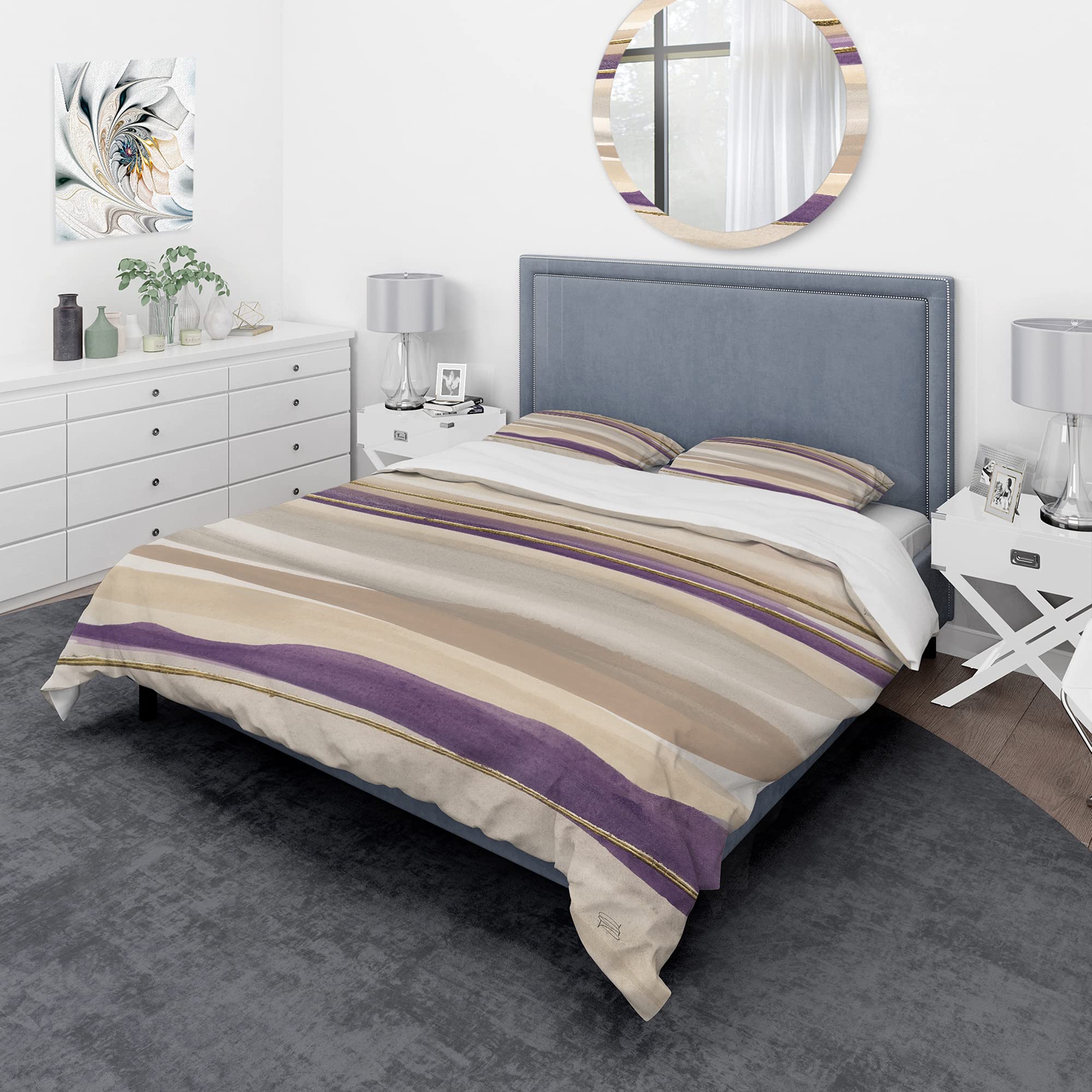 DesignQ Glam Purple III Shabby Chic Duvet Cover Set - King Size Beige Abstract Bedding (3-Piece) | All-Season Luxury Bedroom Decor for Master Bedroom, Guest Room & Airbnb