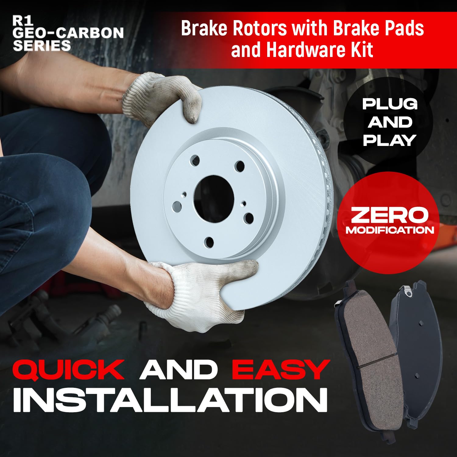 R1 Concepts Premium Front Brake Pads and Rotors Kit - Ceramic Brake Pads with Drilled & Slotted Rotors - Compatible with 1990-1993 Honda Accord - Perfect for Daily Driving & Performance Upgrades