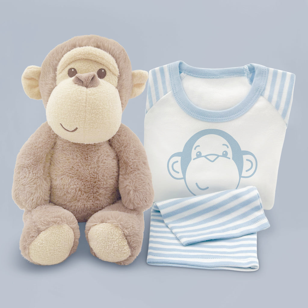 Personalized Morris Monkey Plush Stuffed Animal with Matching Baby Pajama Set - Blue | Cute Nursery Gift for Newborns & Toddlers | Perfect for Baby Showers, Birthdays & Bedtime Cuddles