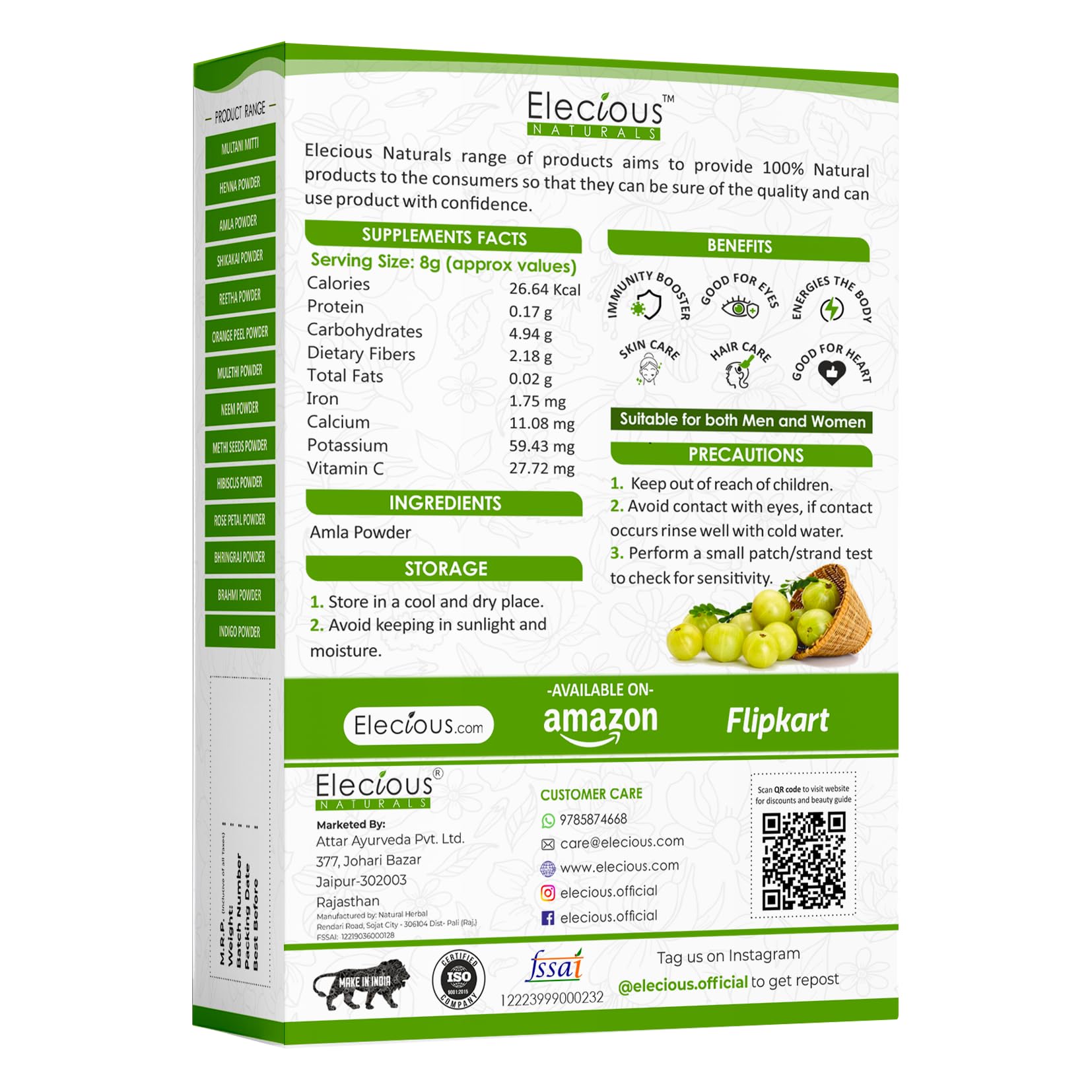 Elecious Naturals Amla Powder for Hair Growth & Skin Care - 250g | 100% Pure Indian Gooseberry Powder | No Preservatives, Dyes or Fragrance | Promotes Healthy Hair & Glowing Skin | Perfect for DIY Hair Masks, Face Scrubs & Ayurvedic Treatments