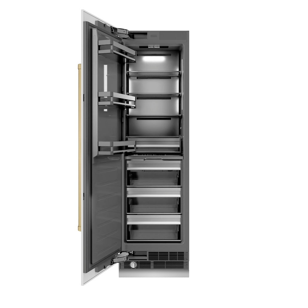 ZLINE Autograph Edition 24 Inch 12.4 Cu Ft Column Freezer - White Matte Finish with Graphite Gray Interior & Champagne Bronze Accents (RCFVZ WM 24 CB) - Perfect for Home Kitchen, Basement or Garage Storage