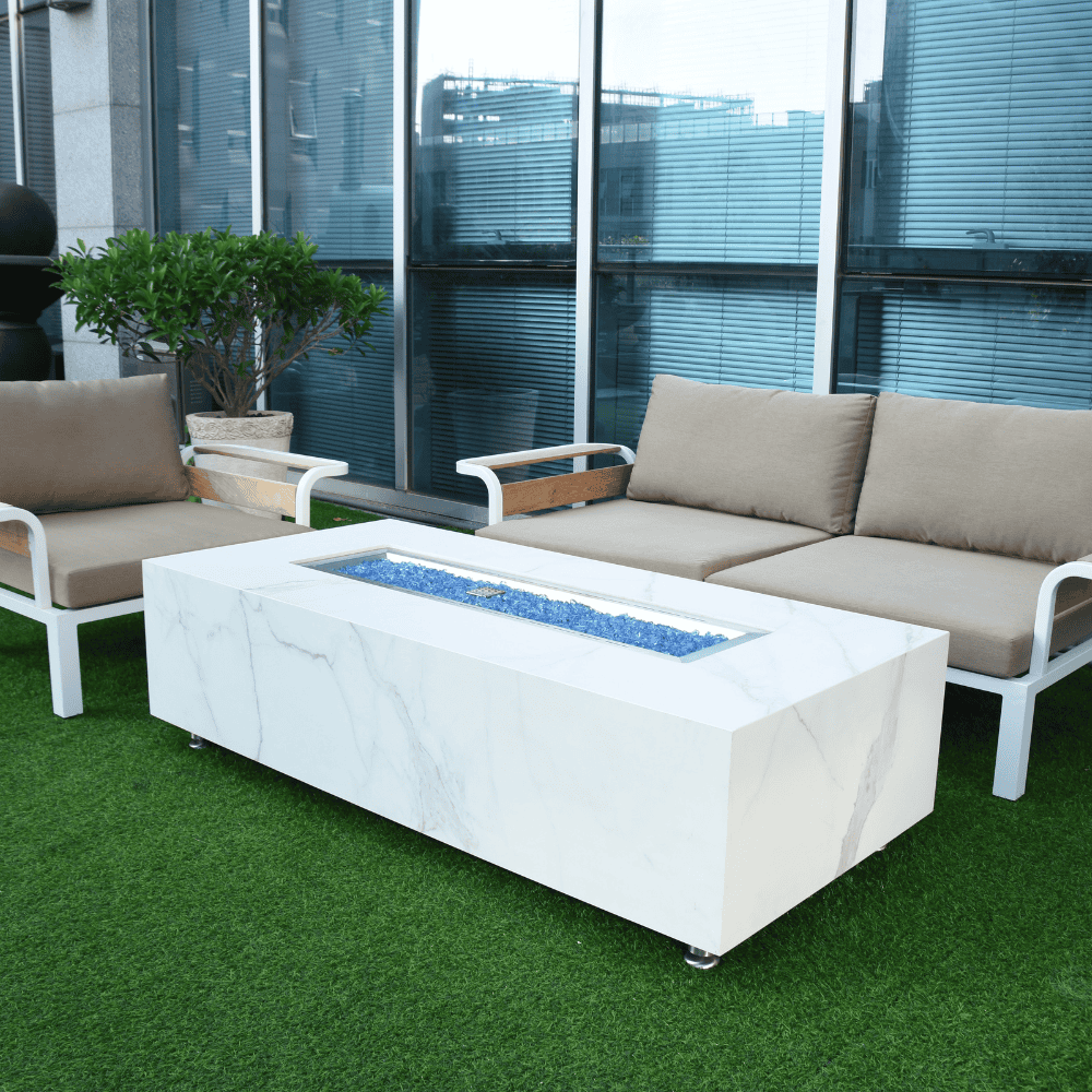 Premium Carrara Marble Porcelain Rectangular Fire Pit Table - Outdoor Patio Heater for Backyard, Garden & Poolside Gatherings