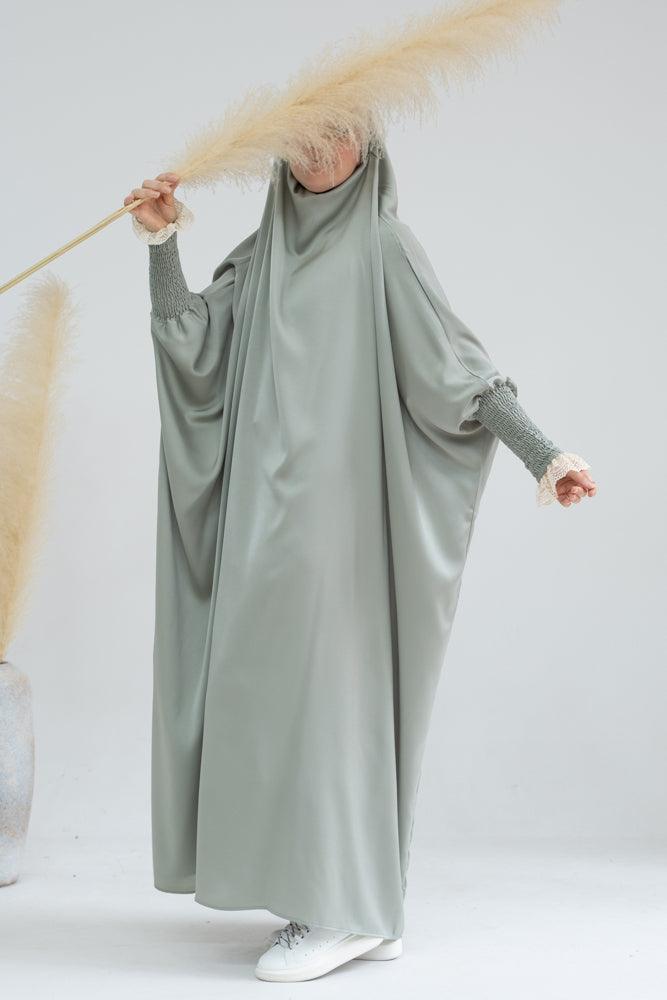 Little Gretaah Khimar Style Prayer Gown for Kids - Light Green with Ribbed Sleeve Cuffs | Perfect for Islamic Prayer, Eid Celebrations & Religious Ceremonies