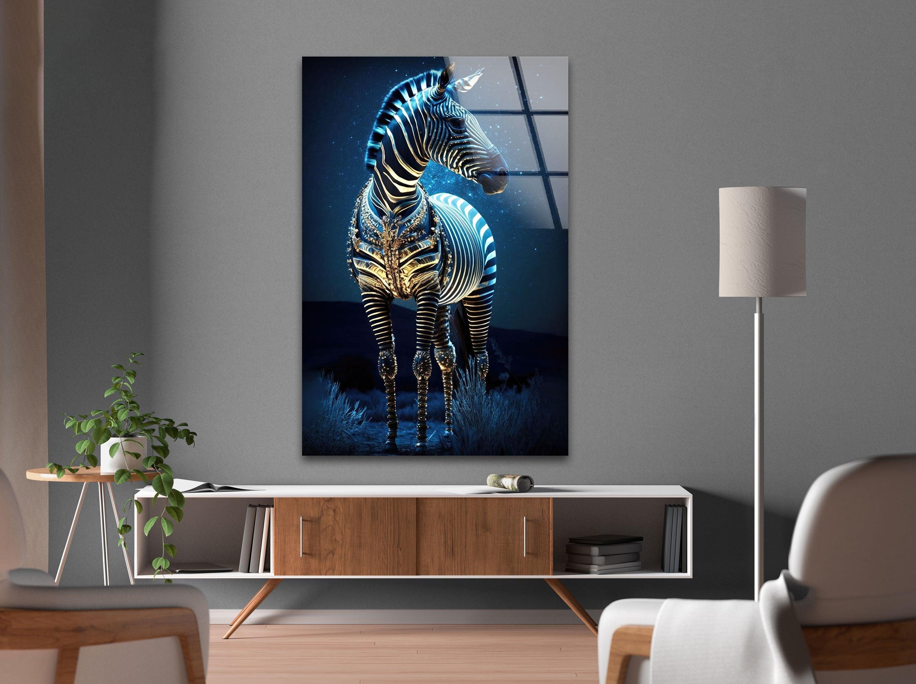 Blue Zebra Glass Wall Art - Modern Home Decor for Living Room, Bedroom & Office - Handmade Glass Painting for Unique Interior Design