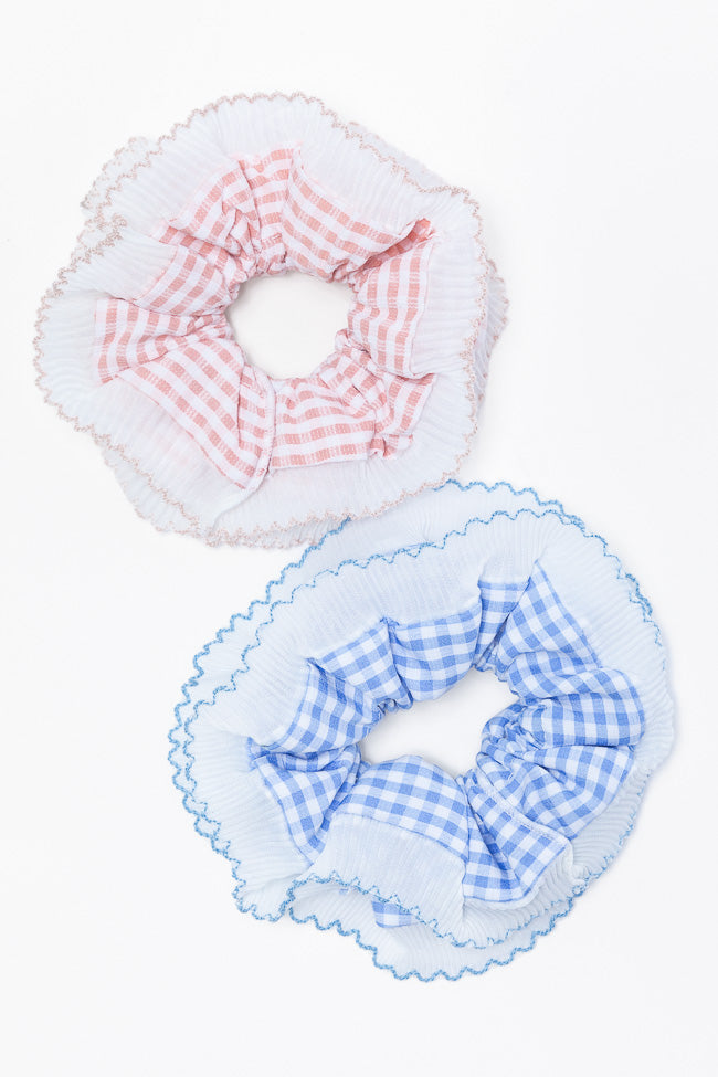 Pink and Blue Gingham Scrunchie Set - 6 Pack Hair Ties for Women & Girls - Soft Elastic Hair Accessories for Ponytails, Buns & Braids - Trendy Hair Bands for Everyday, Workout & School