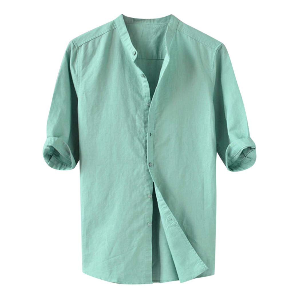 iCJJL Men's Casual Short Sleeve Linen Shirt - Summer Banded Collar Button Down Shirt, Breathable Regular Fit Solid Color Top for Beach, Vacation & Outdoor Activities