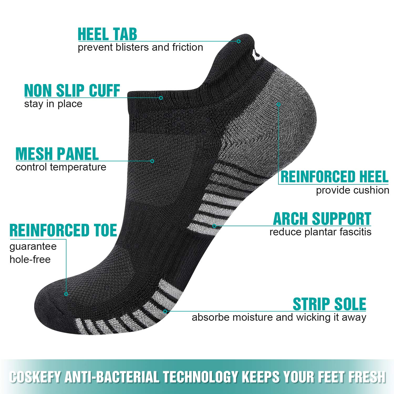 Coskefy Thick Cushioned Running Socks for Men & Women - 6 Pairs Breathable Cotton Athletic Socks for Jogging, Training & Workouts - Comfortable Ankle Sports Socks for Gym, Marathon & Daily Wear