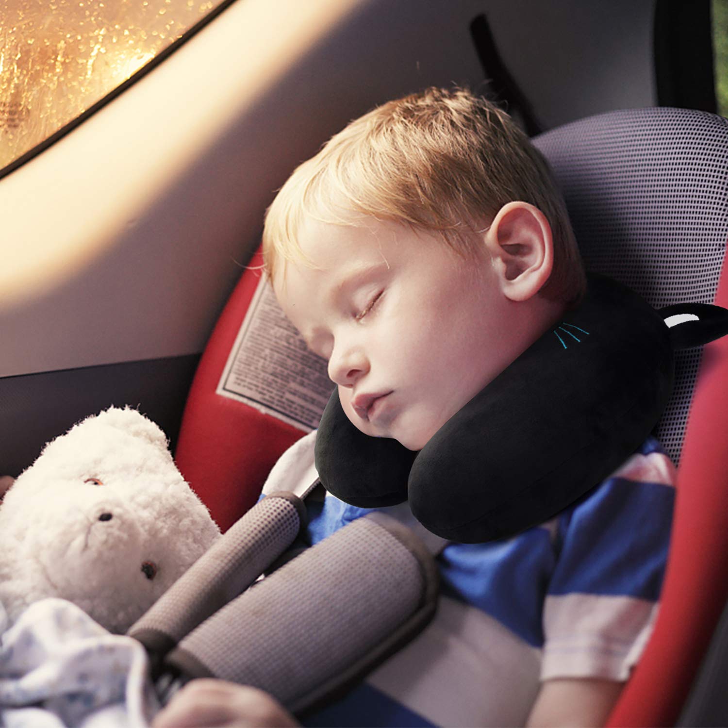 HOMEWINS Kids Travel Pillow - Cute Black Cat Neck Pillow for Boys & Girls | Soft Support for Head, Neck & Chin | Perfect for Airplane, Car & Train Travel | Ideal for Long Trips & Nap Time
