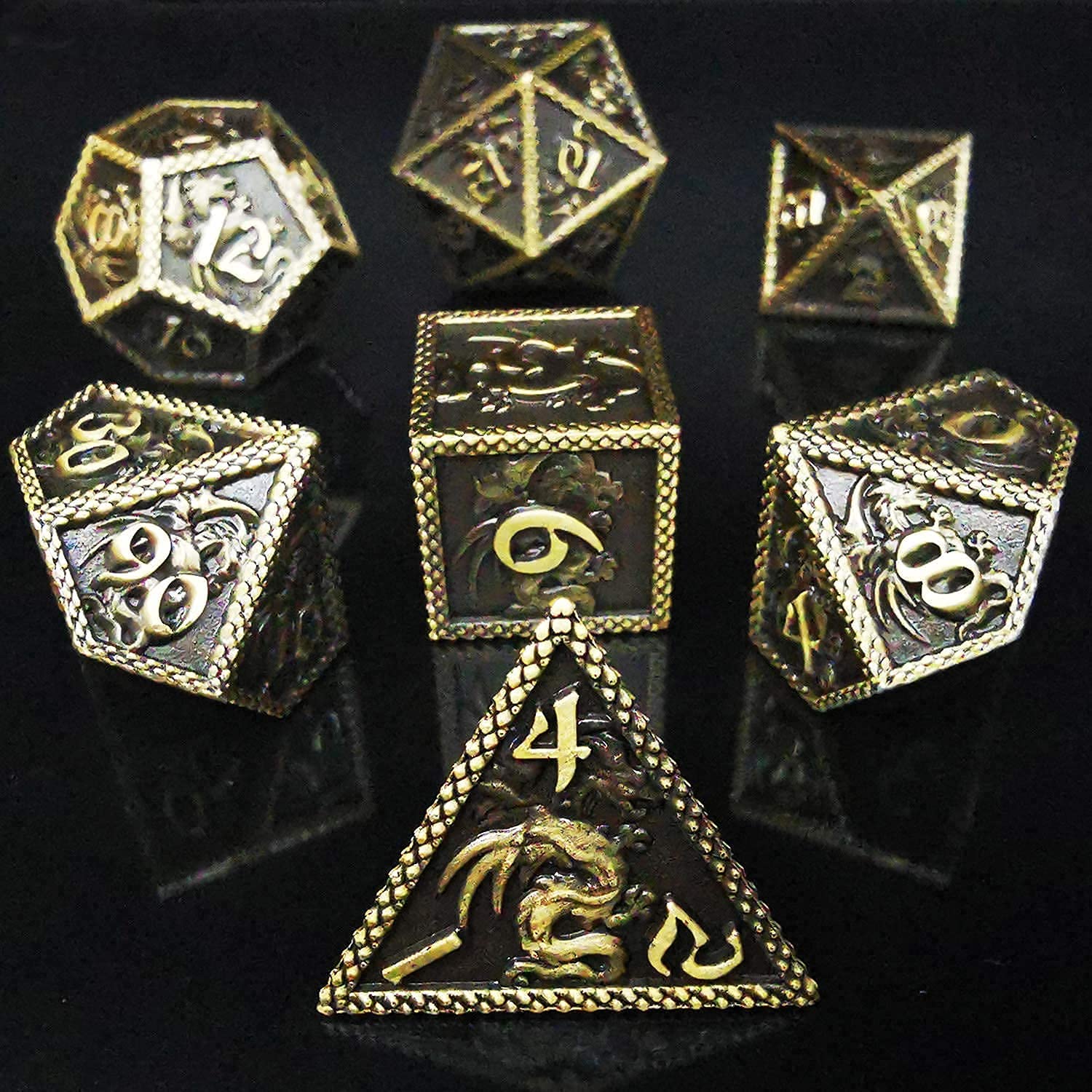 HAOMEJA 7-Piece Dragon Pattern Metal Dice Set for D&D - Ancient Bronze DND Dice for Dungeons & Dragons, RPG Tabletop Games & Collectors