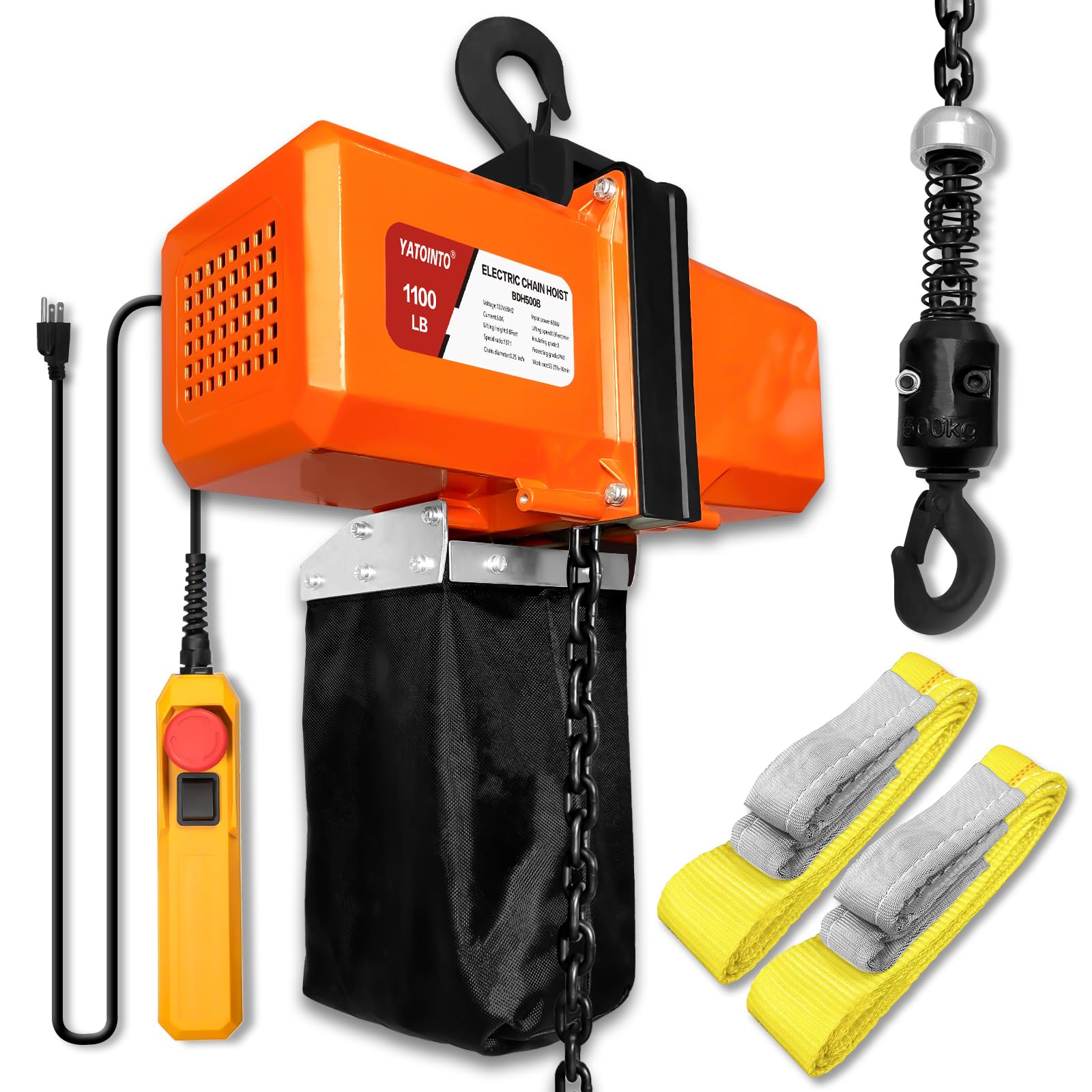 1100LBS Electric Chain Hoist - 120V Heavy Duty Winch with 5ft Wired Remote Control & Emergency Stop - Single Phase Overhead Crane for Garage, Workshop & Ceiling Mount - 10ft Lift Height - Perfect for Lifting Machinery, Auto Repair & Construction Projects