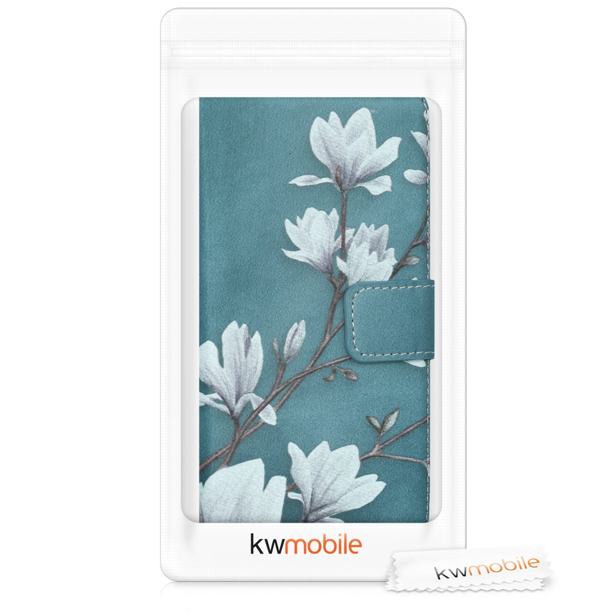 kwmobile Wallet Case Compatible with Huawei P10 Lite - Slim PU Leather Phone Cover with Card Slots & Magnetic Closure (Magnolias Taupe/White/Blue Grey) - Perfect for Work, Travel & Daily Use