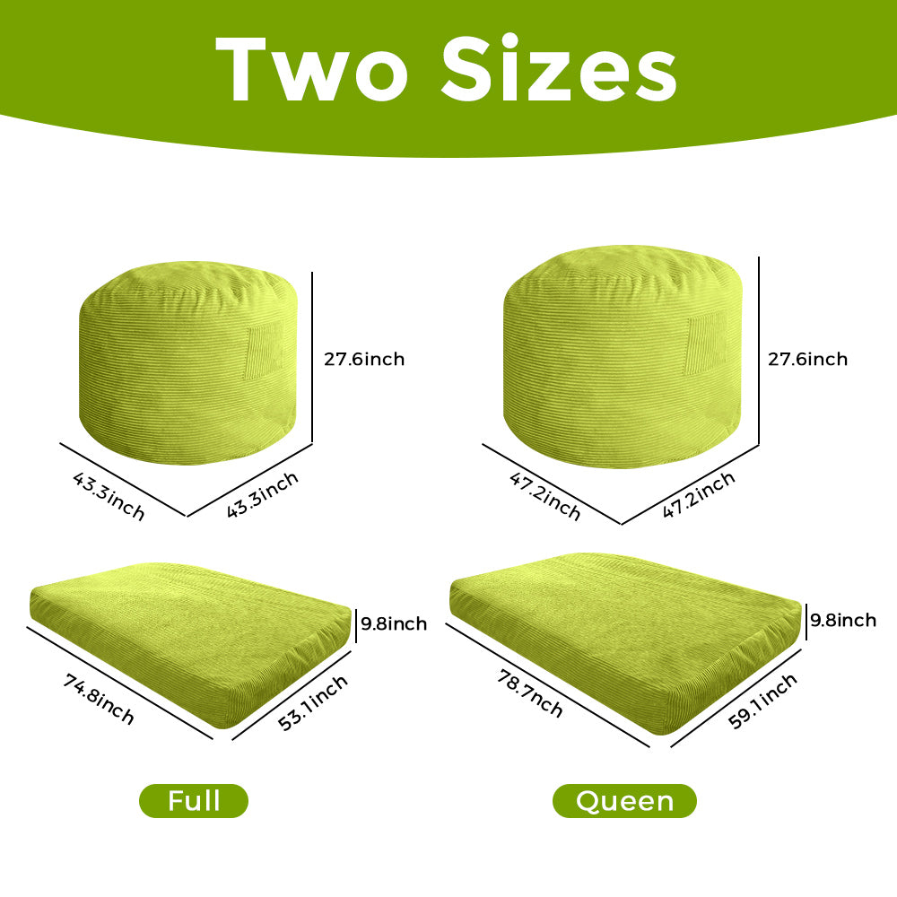 MAXYOYO Convertible Bean Bag Bed - 4ft Corduroy Sofa Sleeper Chair in Green | Multi-Functional for Living Room, Bedroom & Dorm | Comfortable Lounger & Guest Bed