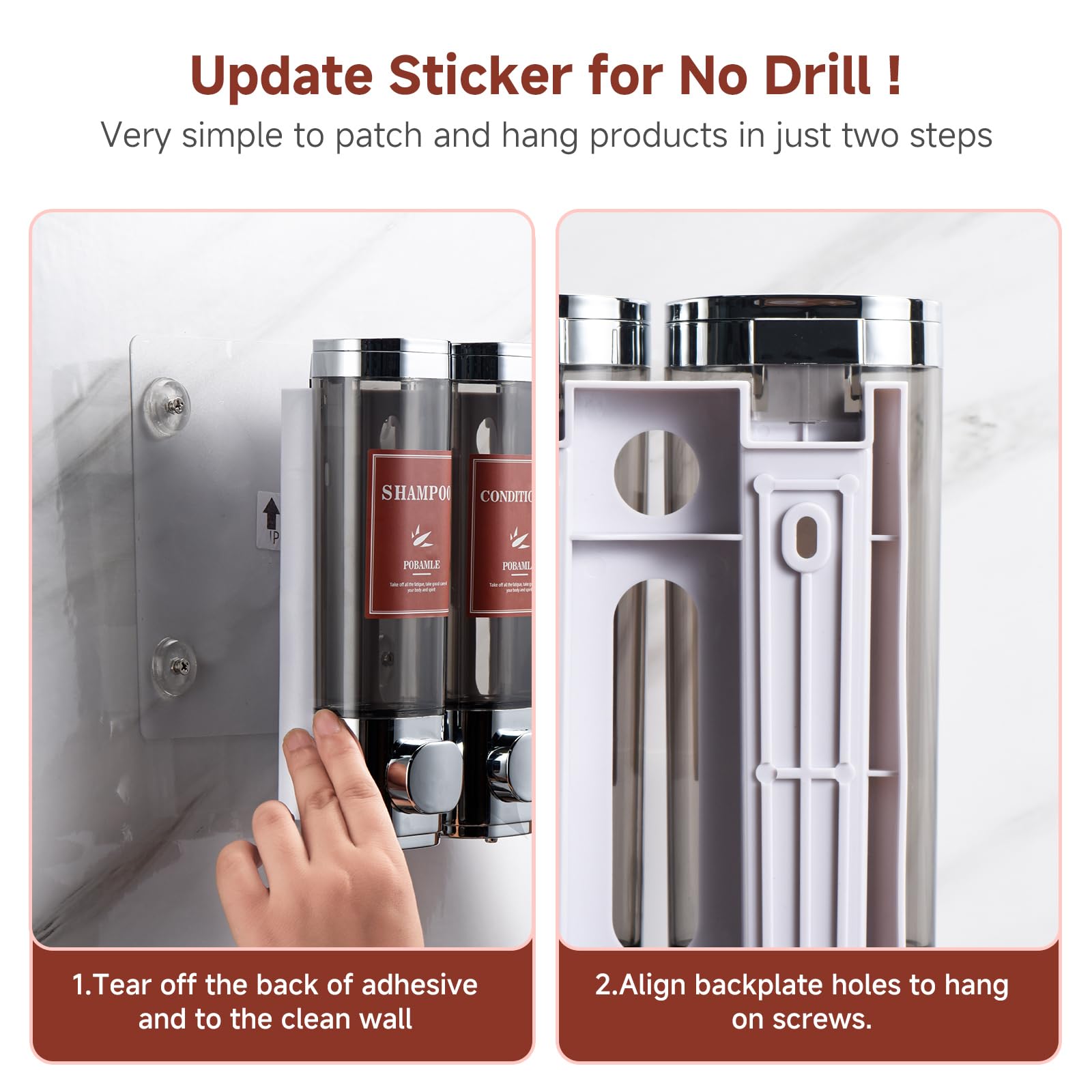Wall Mounted No Drill Shampoo and Conditioner Dispenser - 2 Chamber Chrome Shower Soap Dispenser for Body Wash & Shower Gel | Perfect for Bathroom Organization & Space Saving Shower Storage