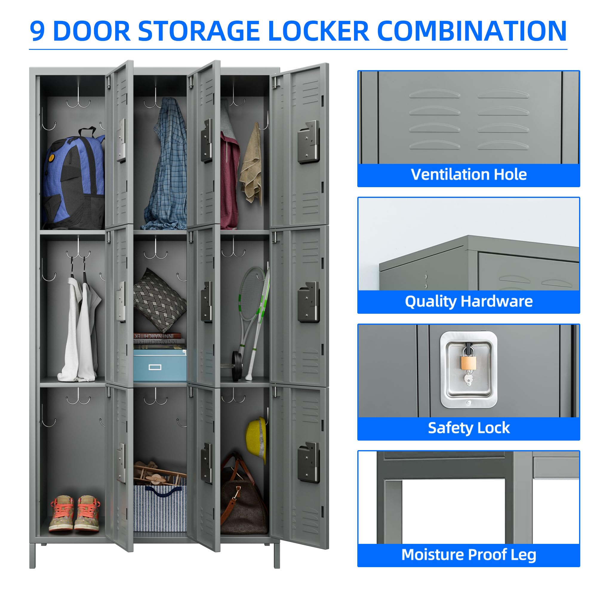 9-Door Metal Lockers with Lock - Heavy Duty Storage Locker for Employees, School, Office, Gym & Garage - Includes 27 Hooks - Light Grey (Assembly Required) - Perfect for Secure Storage in Workplaces, Schools, and Fitness Centers