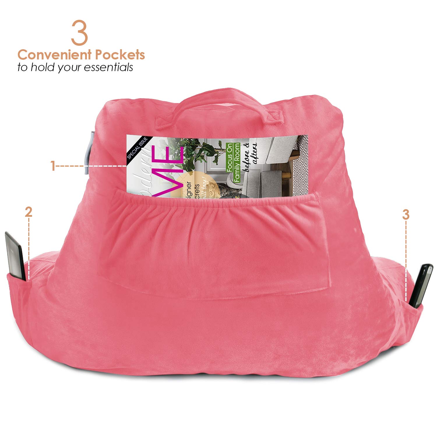 Nestle Kids Reading Pillow - Memory Foam Back Support Cushion for Sitting in Bed, Chair & Floor - Light Pink Bed Rest Pillow with Pockets | Perfect for Reading, Watching TV & Relaxing in Bedroom or Nursery