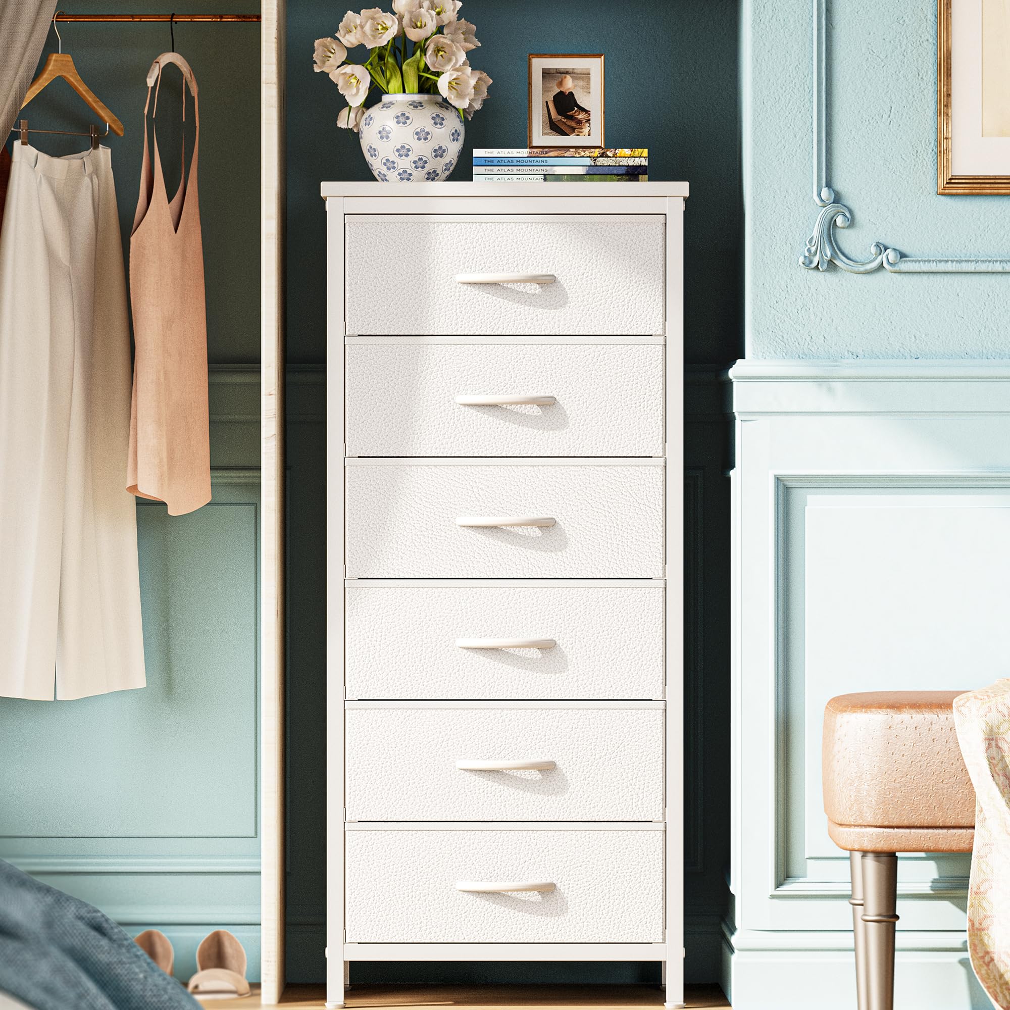 Huuger 6-Drawer Tall Dresser for Bedroom - White Fabric Storage Tower with Metal Frame & PU Leather Bins - Perfect for Closet Organization, Bedroom Storage, Nightstand or End Table - Space-Saving Dresser Chest for Small Spaces