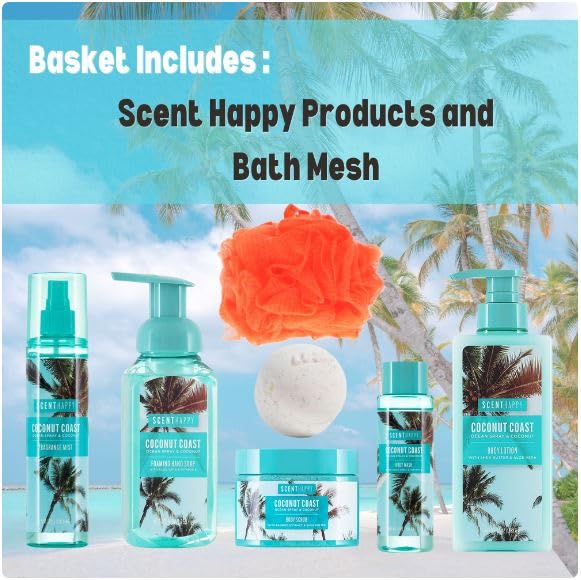 **Organic Coconut Cream Spa Gift Set - 7-Piece Foaming Hand Soap, Body Wash, Fragrance Mist, Body Scrub, Lotion, Bath Bomb & Mesh Pouch - Valentine's Day, Birthday, Mother's Day Gifts for Women - Perfect for Relaxing Bath, Self-Care & Pampering**