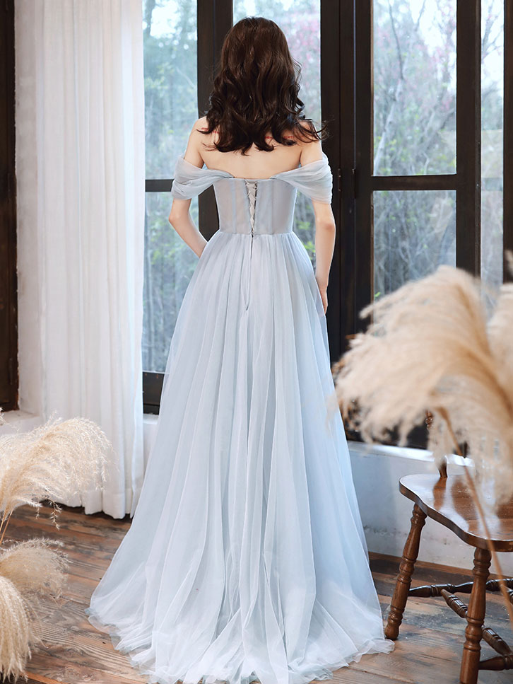 Elegant Blue Tulle Off Shoulder Lace Long Prom Dress - Formal Evening Gown for Homecoming, Wedding, and Special Occasions