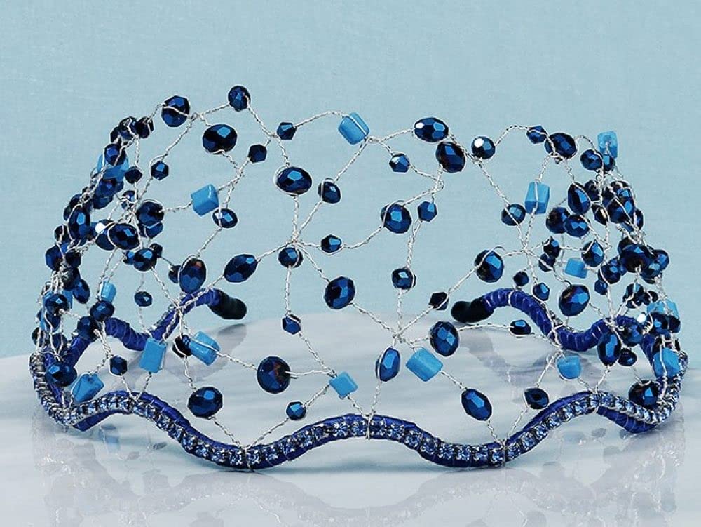 Vintage Hand-Woven Crystal Blue Yurt Crown for Women - Elegant Princess Tiara Headband with Delicate Net Design for Brides, Weddings, Pageants, Birthdays & Prom | Perfect Hair Accessory for Special Occasions & Photo Shoots