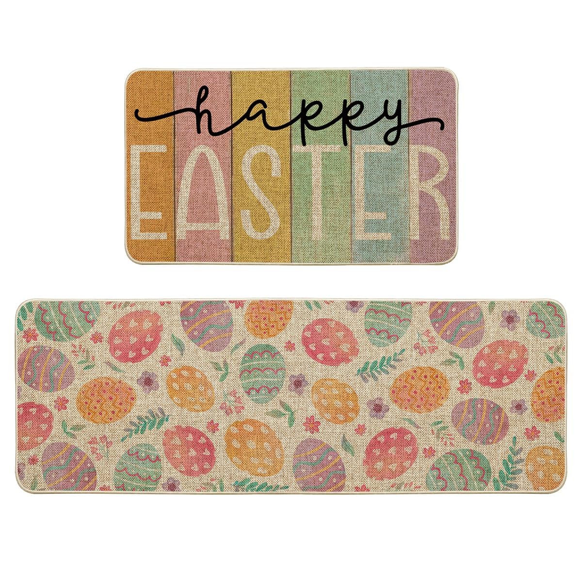 Vibrant Easter Egg Kitchen Mats Set of 2 - Non-Slip Spring Home Decor Floor Rugs (17x29 & 17x47 Inch) for Easter Decorations, Kitchen Protection & Holiday Cheer
