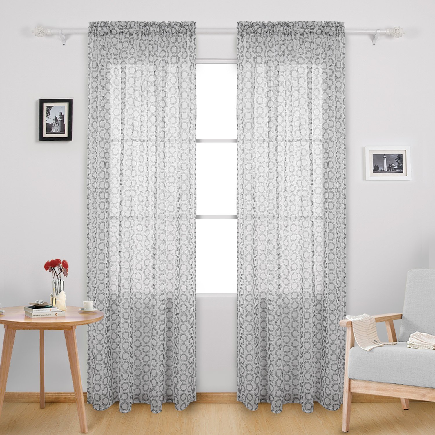 Deconovo White Rod Pocket Voile Drape Curtains with Circle Print - 52x95 Inches Sheer Window Panels for Dining Room & Living Room Decor