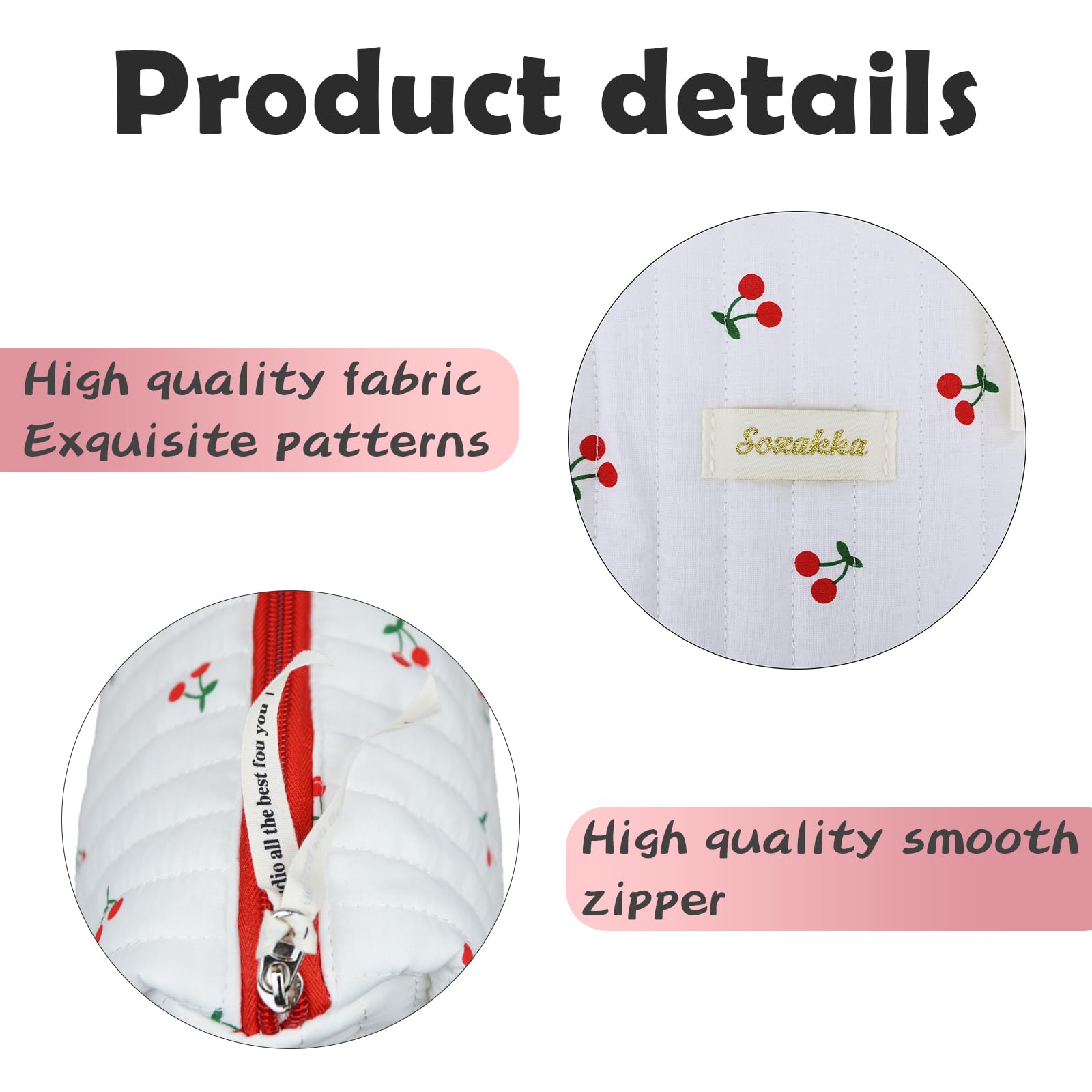 Large Quilted Cotton Makeup Bag for Women - Travel Cosmetic Organizer Pouch with Little Cherry Print | Perfect for Toiletries, Makeup Storage & Travel Essentials