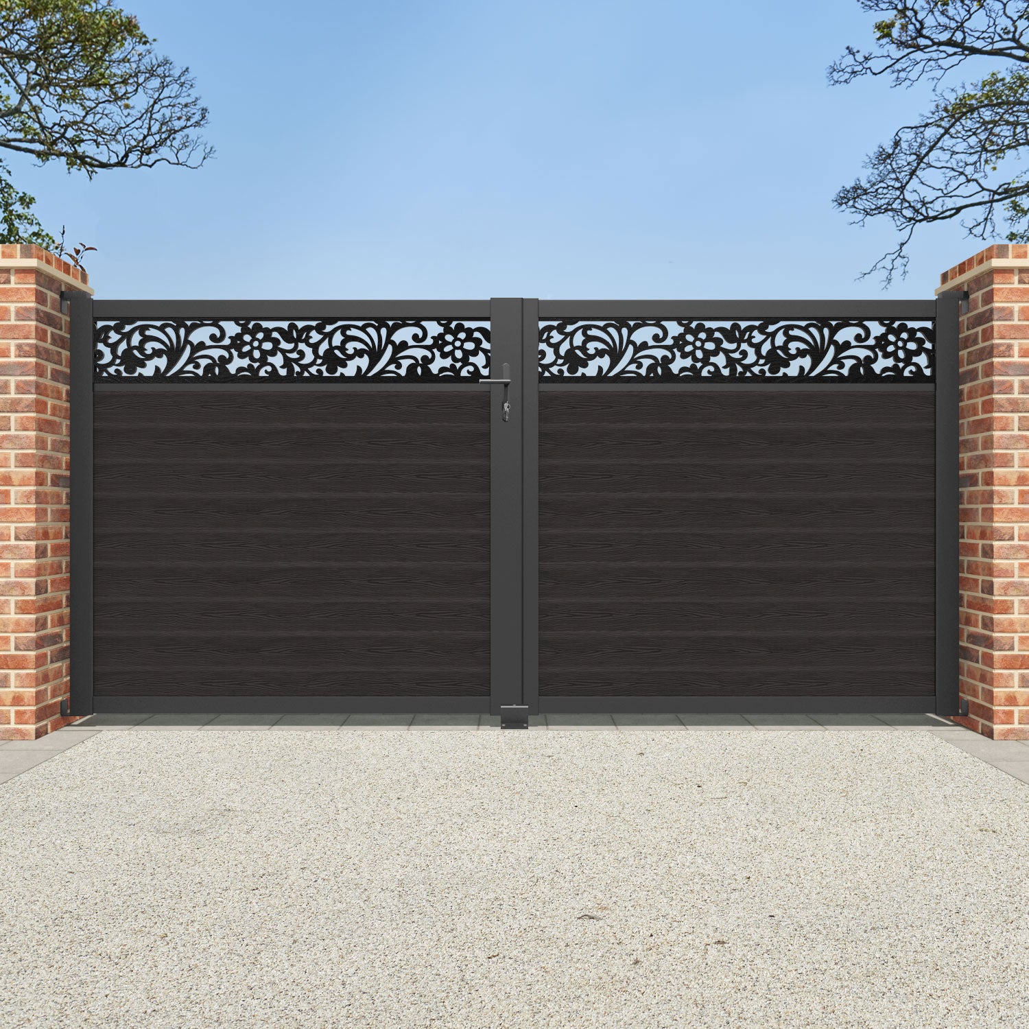 Classic Eden Straight Top Driveway Gate - Dark Oak Finish with Decorative Top Screen | Durable Outdoor Driveway Entrance for Homes & Estates