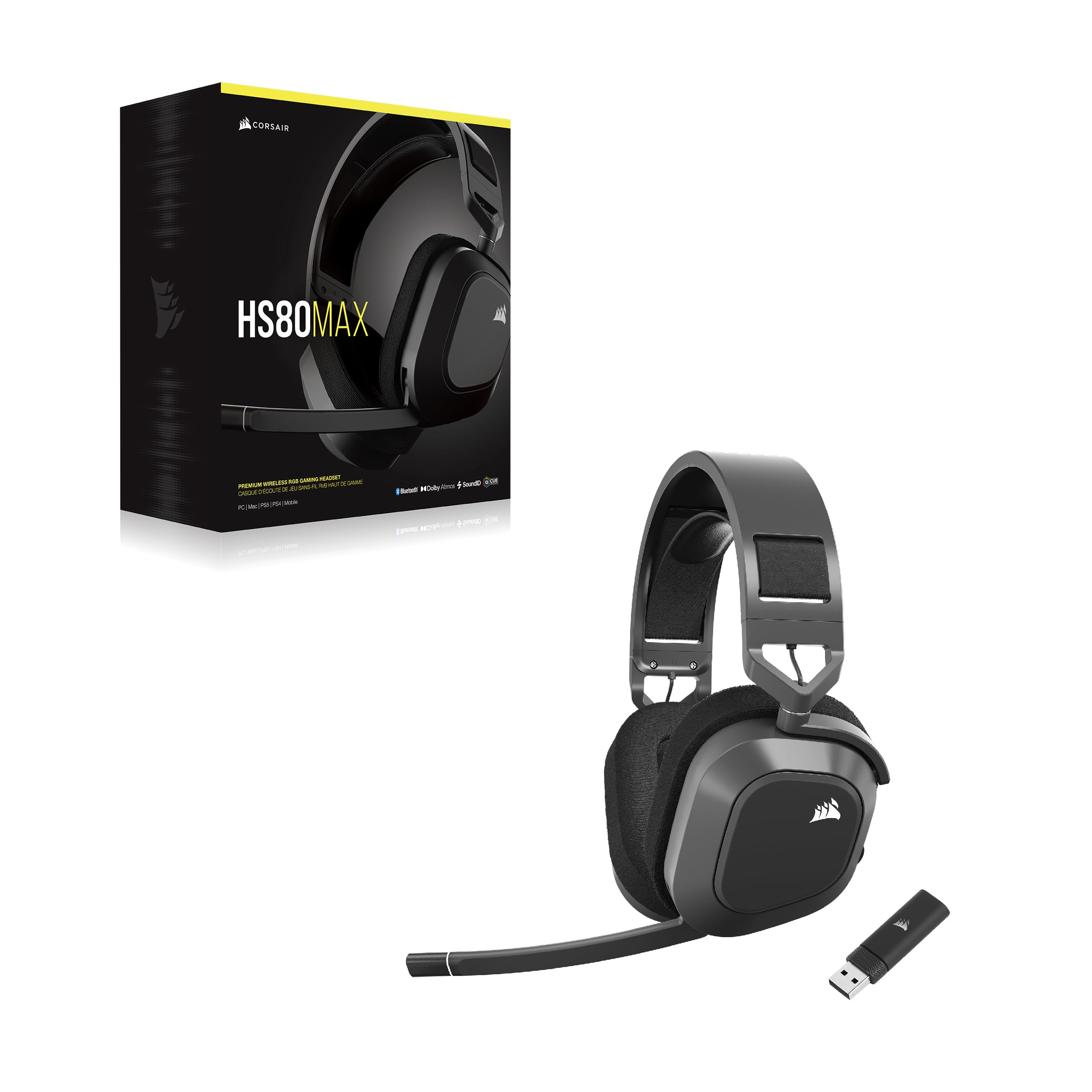 Corsair HS80 MAX Wireless Gaming Headset with Bluetooth – Dolby Atmos – Broadcast Mic – Multiplatform (PC, Mac, PS5, PS4, Mobile) – iCUE Compatible – Steel Gray – Perfect for Streaming, Competitive Gaming & Home Office Use
