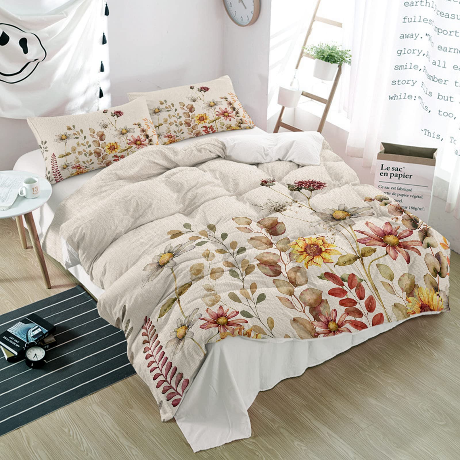 Possta Decor 3-Piece Duvet Cover Set - Autumn Eucalyptus Leaves & Sunflower Daisy Print, Soft Microfiber Quilt Cover with Pillowcases, Farmhouse Plant Retro Style Bedding for Twin Size | Cozy All-Season Bedroom Decor for Guest Rooms & Master Suites