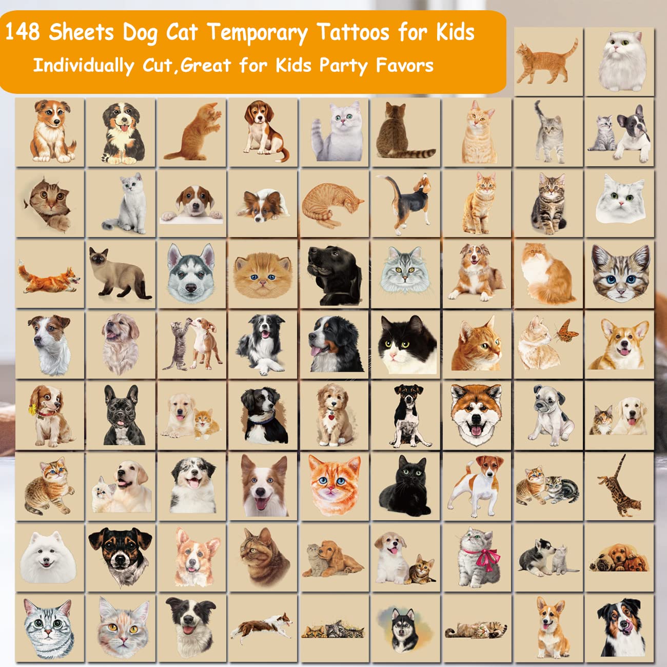 148 PCS 3D Dog & Cat Temporary Tattoos for Kids - Puppy Kitten Animal Tattoos for Boys Girls Birthday Party Favors, Goodie Bag Fillers - Perfect for Pet Theme Parties, School Events & Halloween Costumes