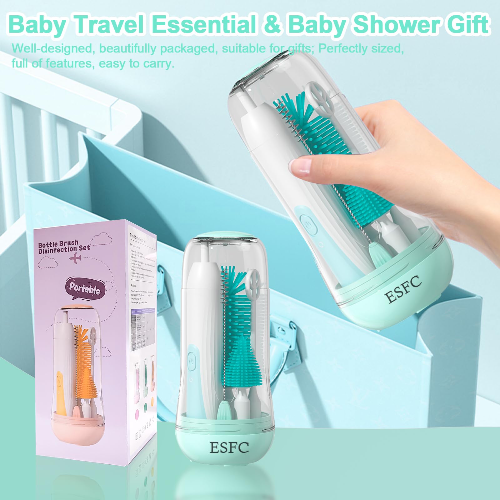 Electric Baby Bottle Brush Cleaner Kit - Automatic Rechargeable Bottle Brush with Nipple & Straw Cleaner, Electric Stirrer & Drying Rack - Waterproof Travel Cleaning Set for Infants (Green) - Perfect for Home, Travel & Daycare Use