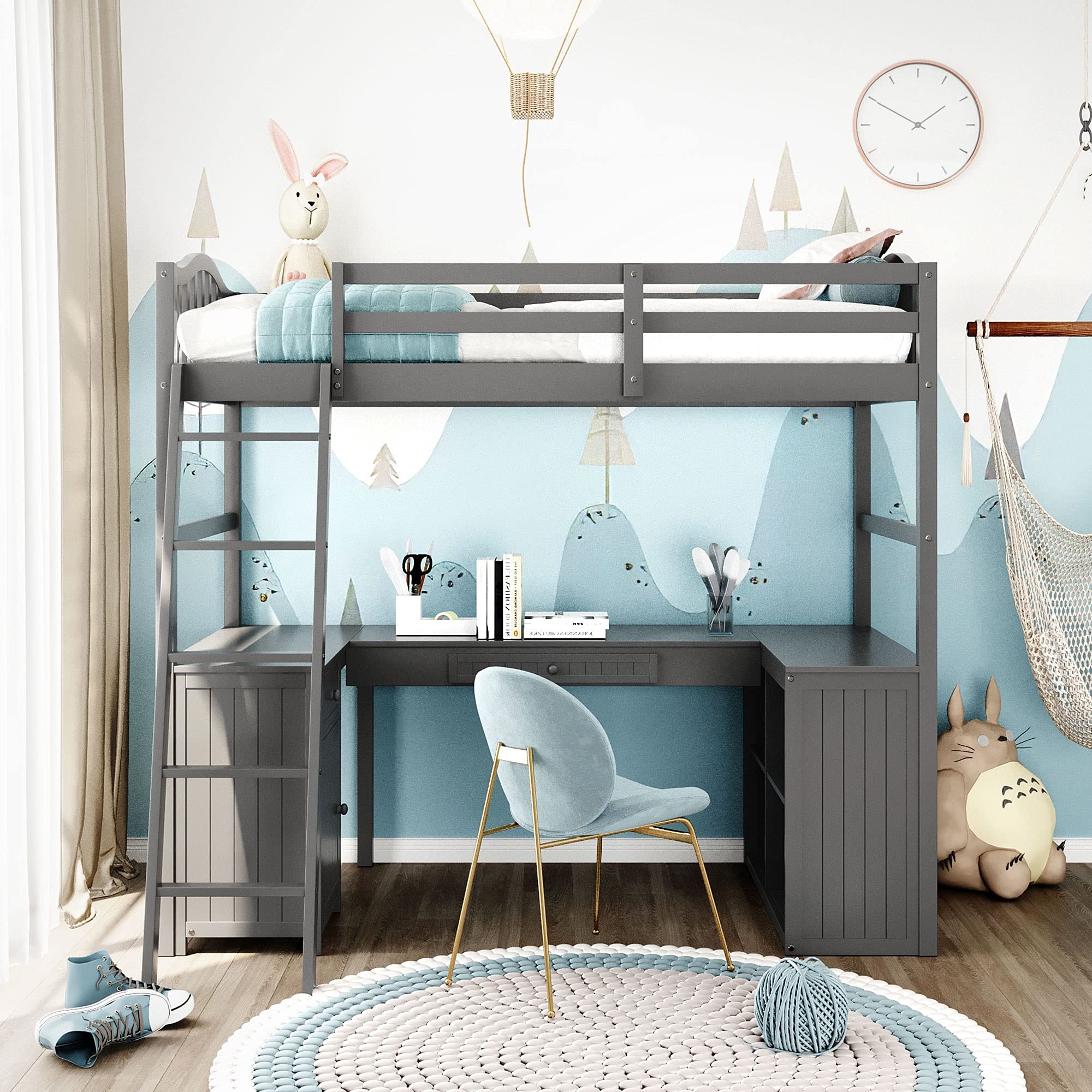 Merax Twin Size Wooden Loft Bed with Built-in Desk, 2 Drawers & Storage Cabinet - Space-Saving Multi-Functional Bed Frame with Ladder & Safety Guardrails - No Box Spring Needed - Grey - Perfect for Kids Rooms, Small Apartments & Dorm Rooms