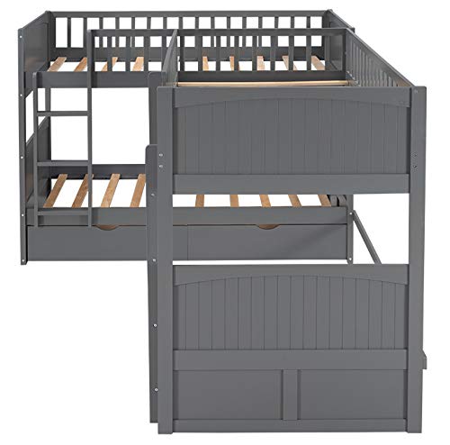 KLMM L-Shaped Twin Over Twin Bunk Bed with Loft - Space-Saving Corner Bunk Bed Frame for Kids, Teens & Adults - Includes 2 Drawers & 2 Ladders - Gray Finish - Perfect for Small Bedrooms, Guest Rooms & Vacation Homes