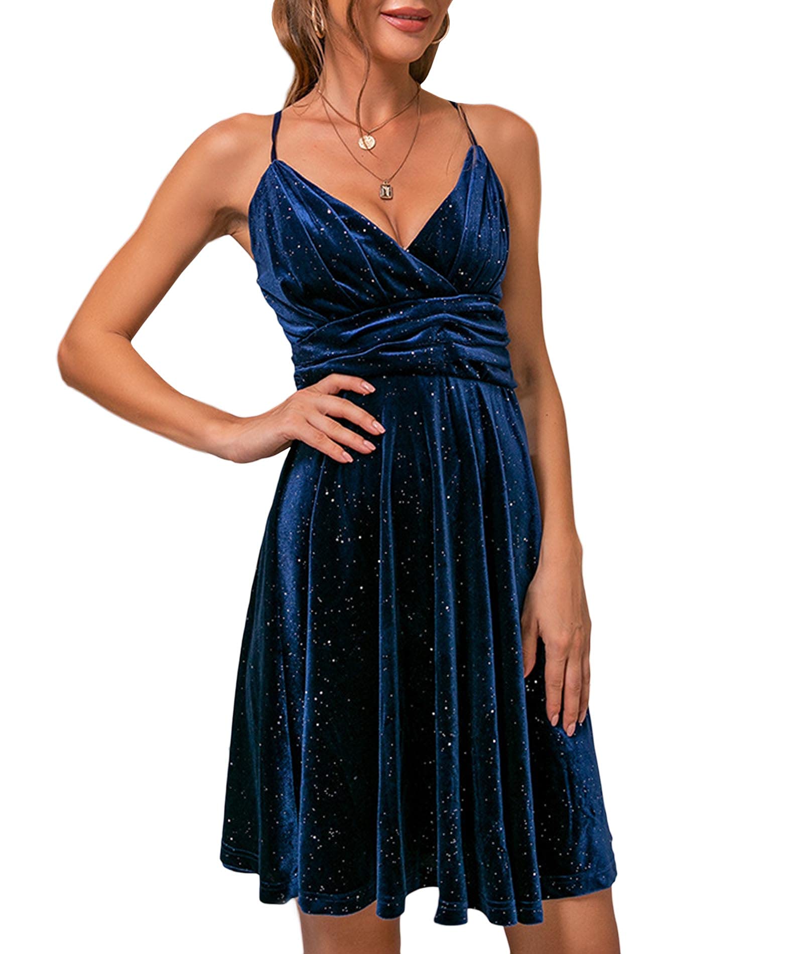 SEMATOMALA Women's Velvet Skater Dress - Spaghetti Strap Wrap V Neck Flared Short Party Dress, Sparkly Swing Cocktail Dress for Night Out, Date Night, Holiday Party & Special Occasions