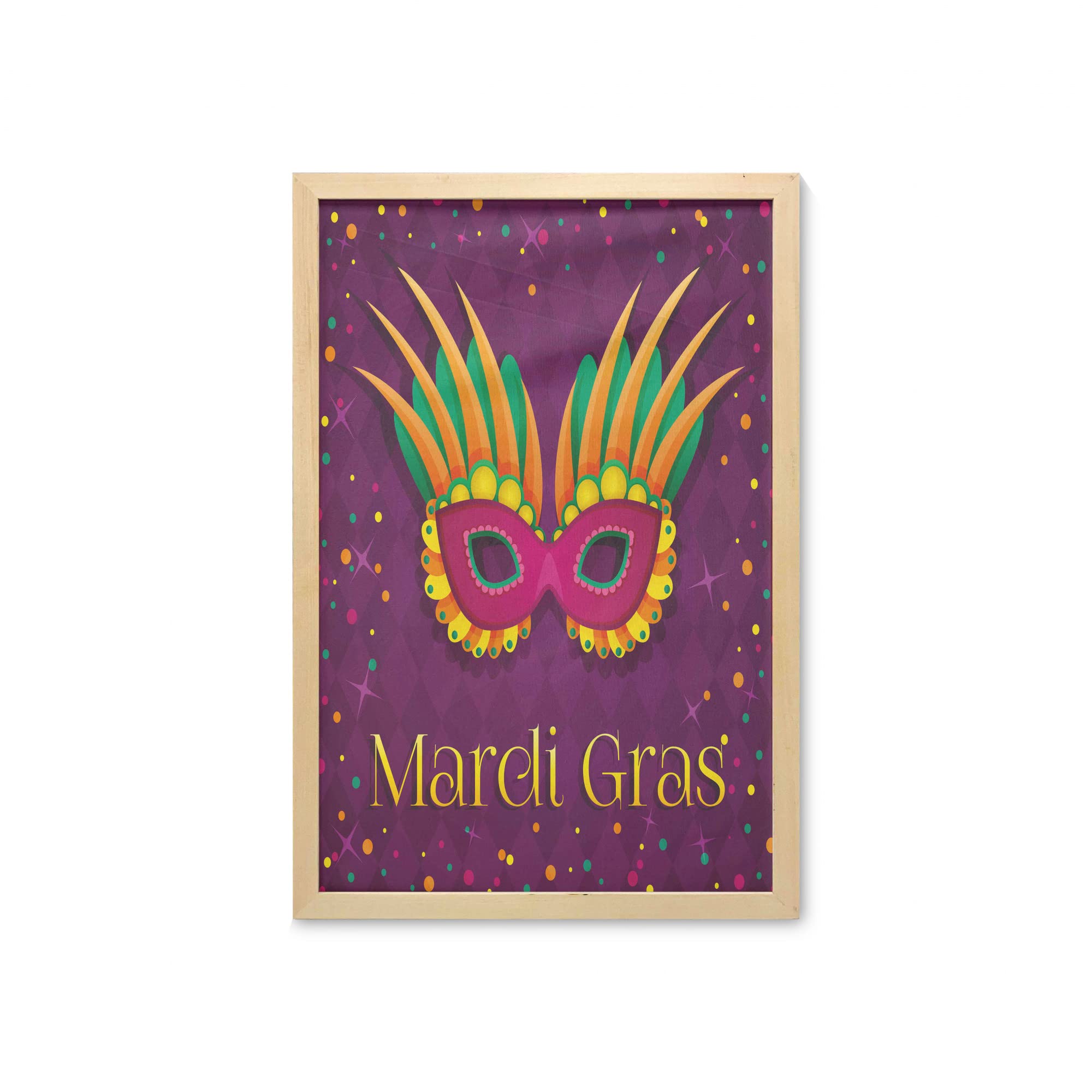 Ambesonne Mardi Gras Wall Art with Frame - Festival Design on Purple Backdrop with Stars & Colorful Dots - Printed Fabric Poster for Bathroom, Living Room & Dorm Decor - 23