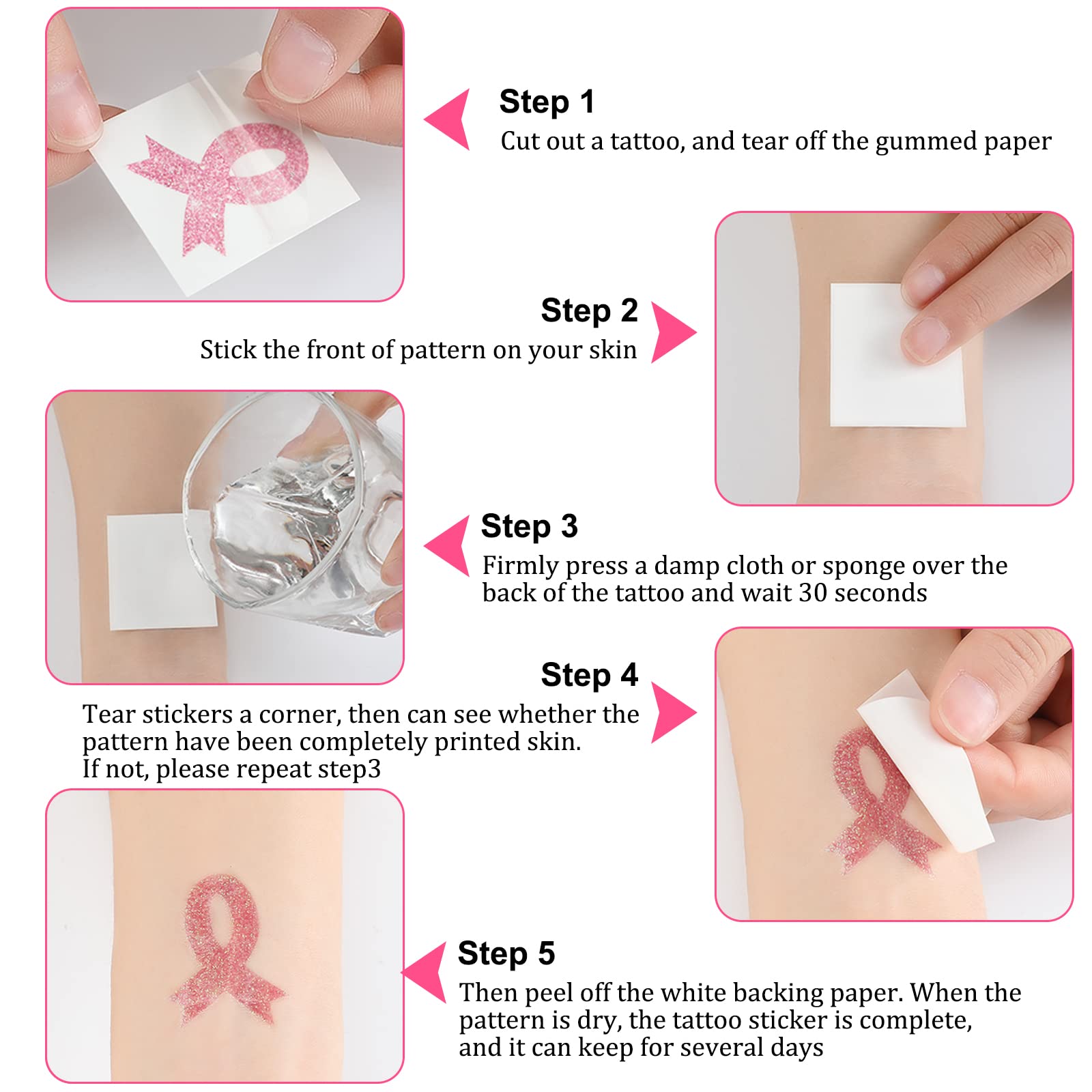 Jutom 240-Piece Breast Cancer Awareness Glitter Tattoo Stickers - 20 Sheets Temporary Ribbon Tattoos for Women, Light Pink - Perfect for Fundraising Events, Survivor Celebrations & Cancer Awareness Campaigns
