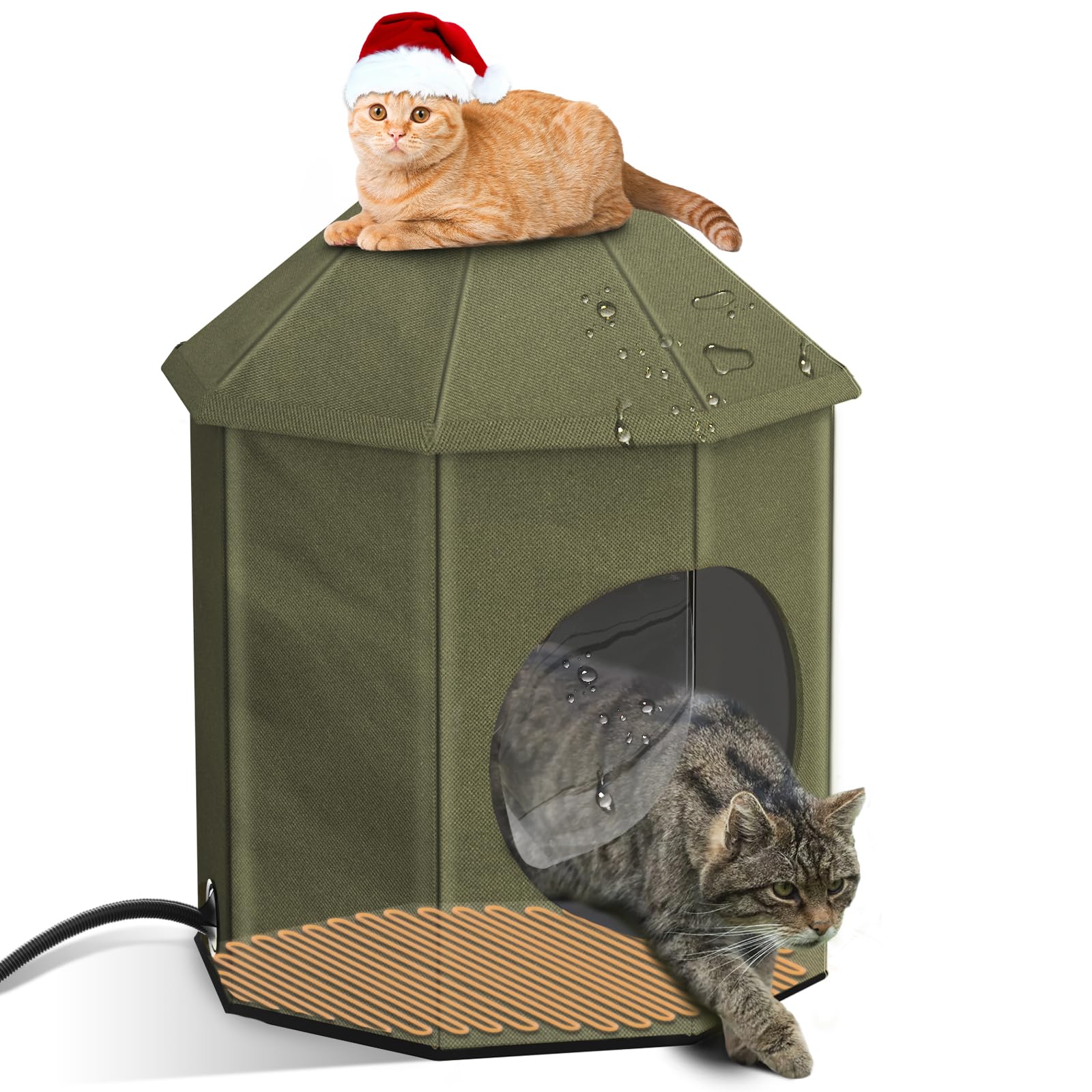 Heated Outdoor Cat House for Winter - Waterproof & Insulated with Warm Pad, Castle Design for Stray, Barn Cats & Kittens (Olive Green) | Perfect for Cold Weather, Backyards & Shelters