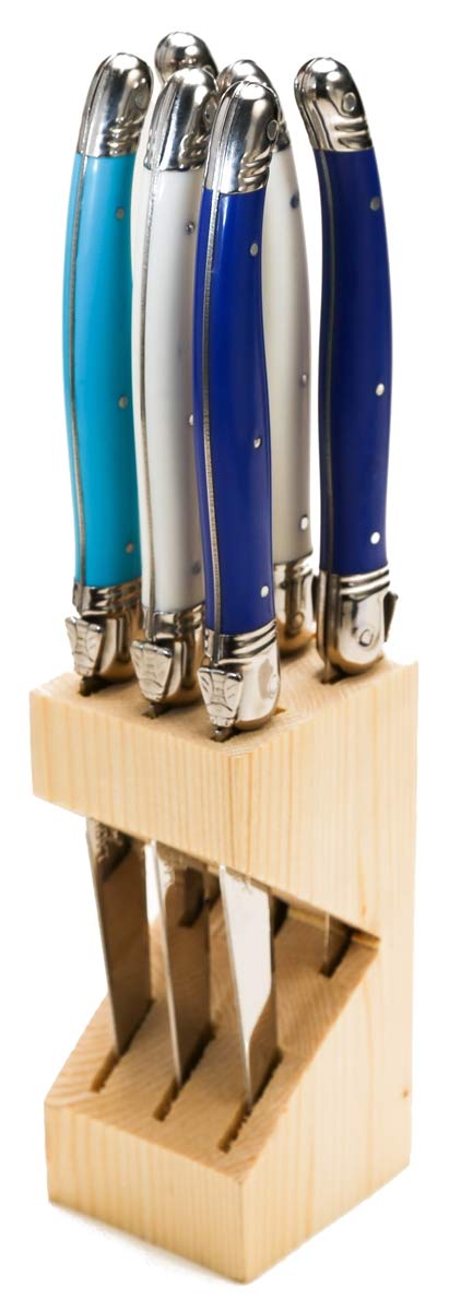 Premium Laguiole French Handmade 6-Piece Steak Knife Set in Wooden Block - Vintage Marina Style - Perfect for Fine Dining, BBQ Parties & Gourmet Steakhouse Experience
