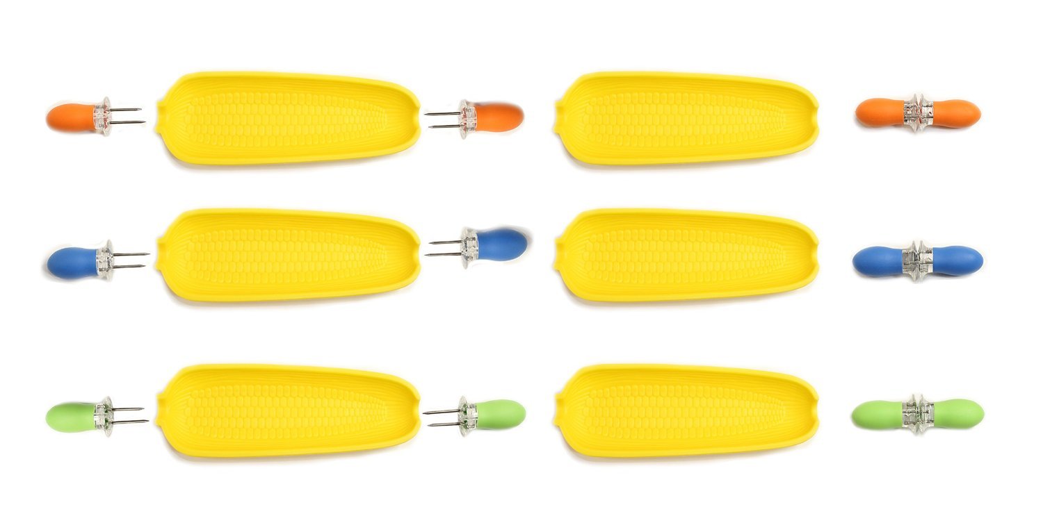 Chef Craft 21741-2PK 18-Piece Corn Cob Holder Set - 12 Jumbo Corn Holders with Comfort Grip Handles & 6 Serving Trays, White | Perfect for BBQs, Picnics, and Summer Outdoor Dining