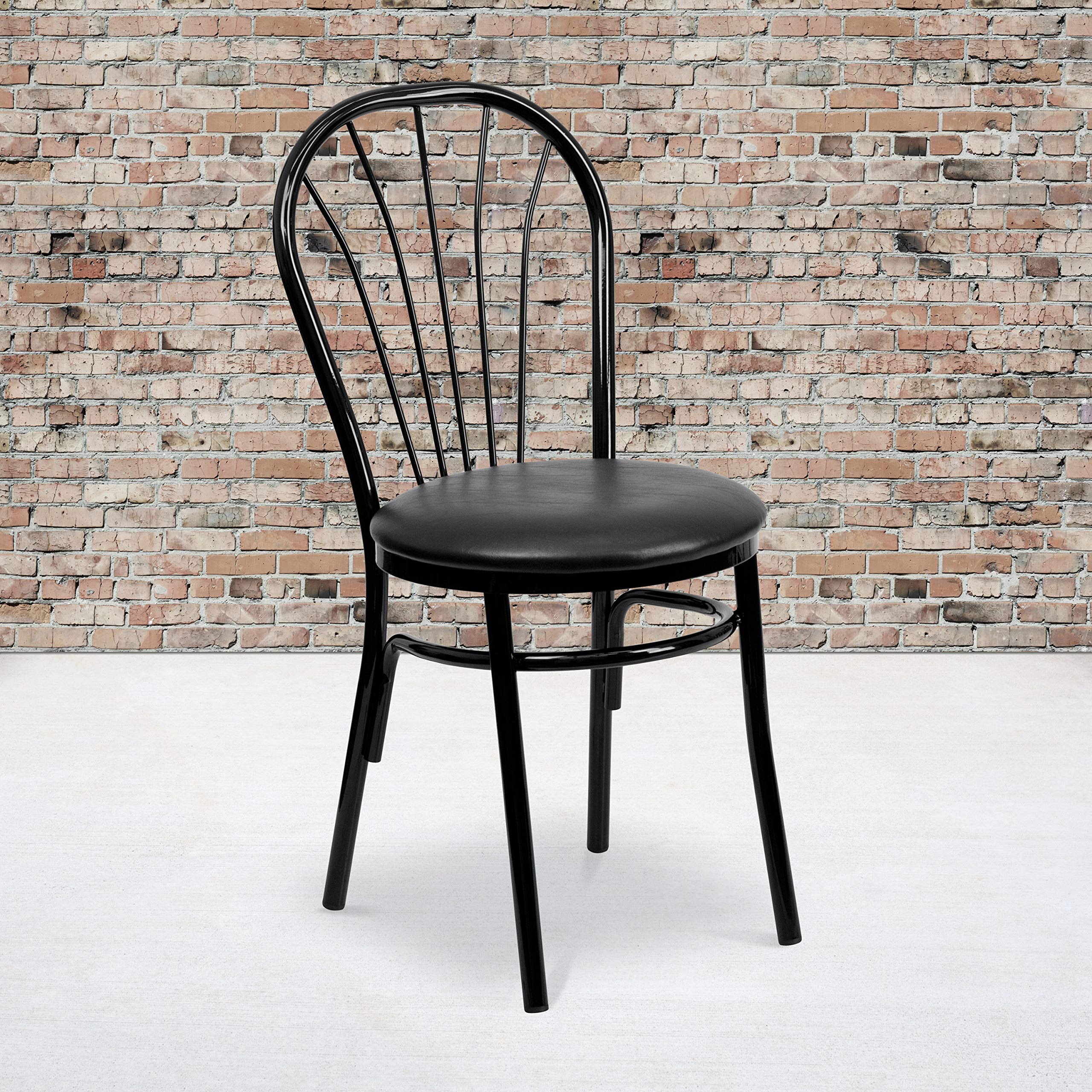EMMA + OLIVER Black Vinyl Seat Fan Back Metal Chair - Indoor/Outdoor Dining, Patio, Restaurant, Cafe, Kitchen Use