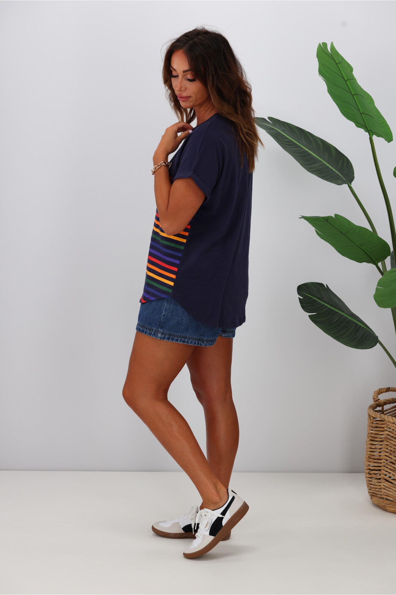 Betty Basics Hailey Short Sleeve T-Shirt for Women - Blue Rainbow Striped Casual Tee | Perfect for Everyday Wear, Summer Outfits & Layering