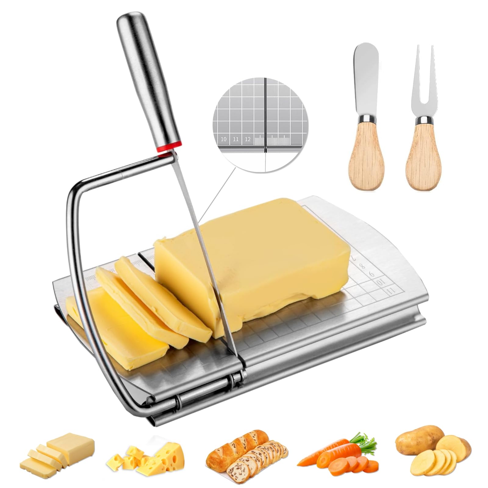 Premium Stainless Steel Cheese Slicer with Blade Scale - Perfect for Block Cheese, Sausage & Fruits - Includes 2 Cheese Knives - Ideal for Kitchen, Charcuterie Boards & Entertaining