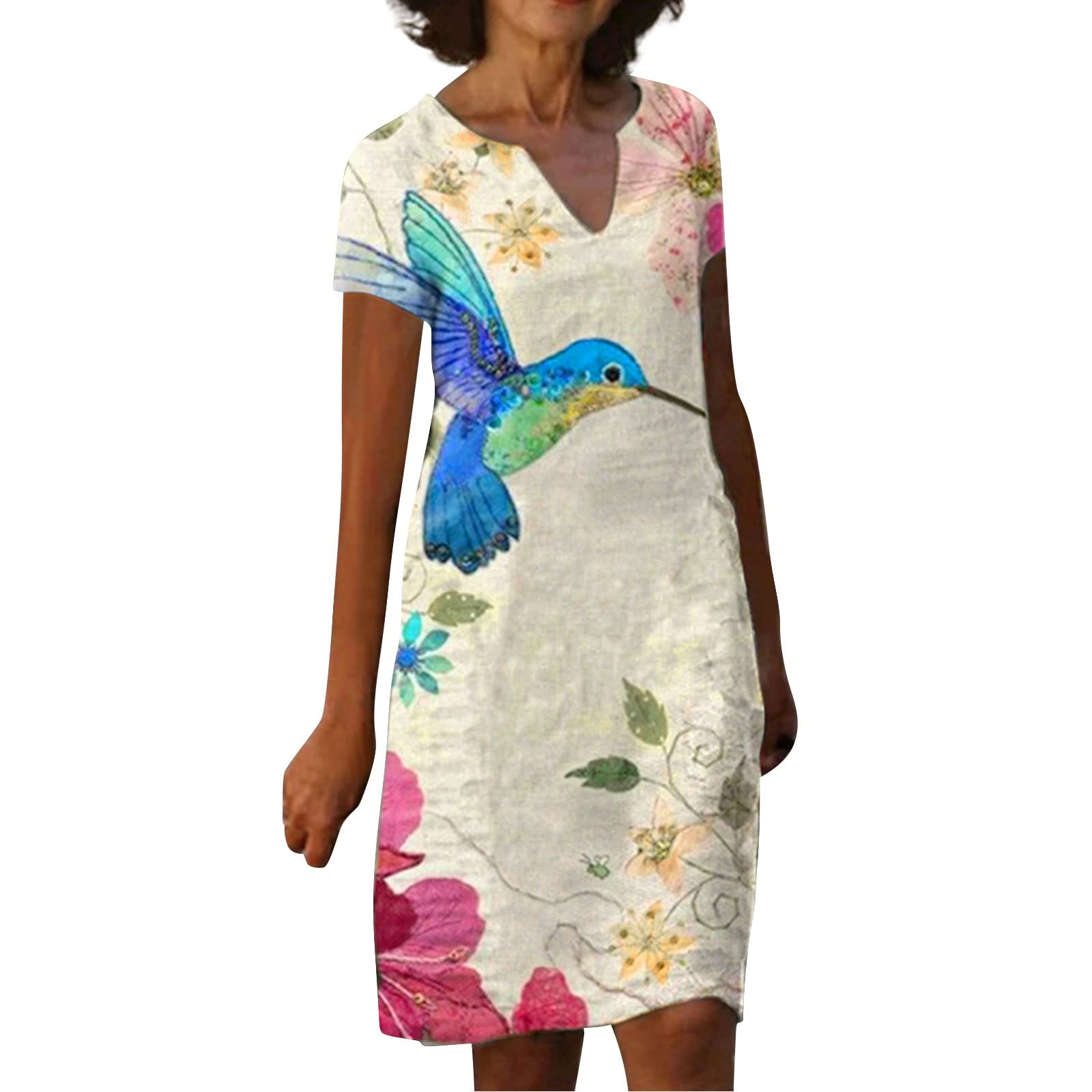 Women's Summer Casual V-Neck Printed Short Sleeve Tank Dress - Sexy Flowy Dress for Beach, Party & Date Night