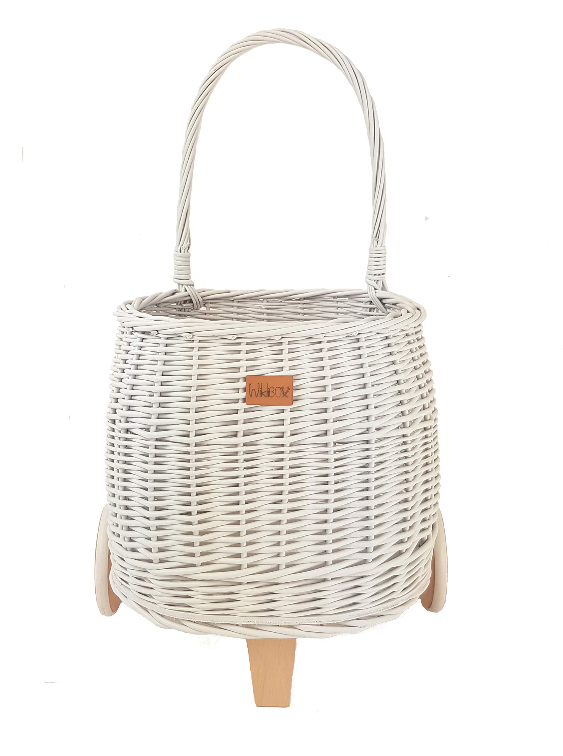 WIKLIBOX Rattan Pull Toy Basket - Handmade European Wicker Toy Storage Organizer - White Color for Nursery, Playroom & Kids' Bedroom Organization