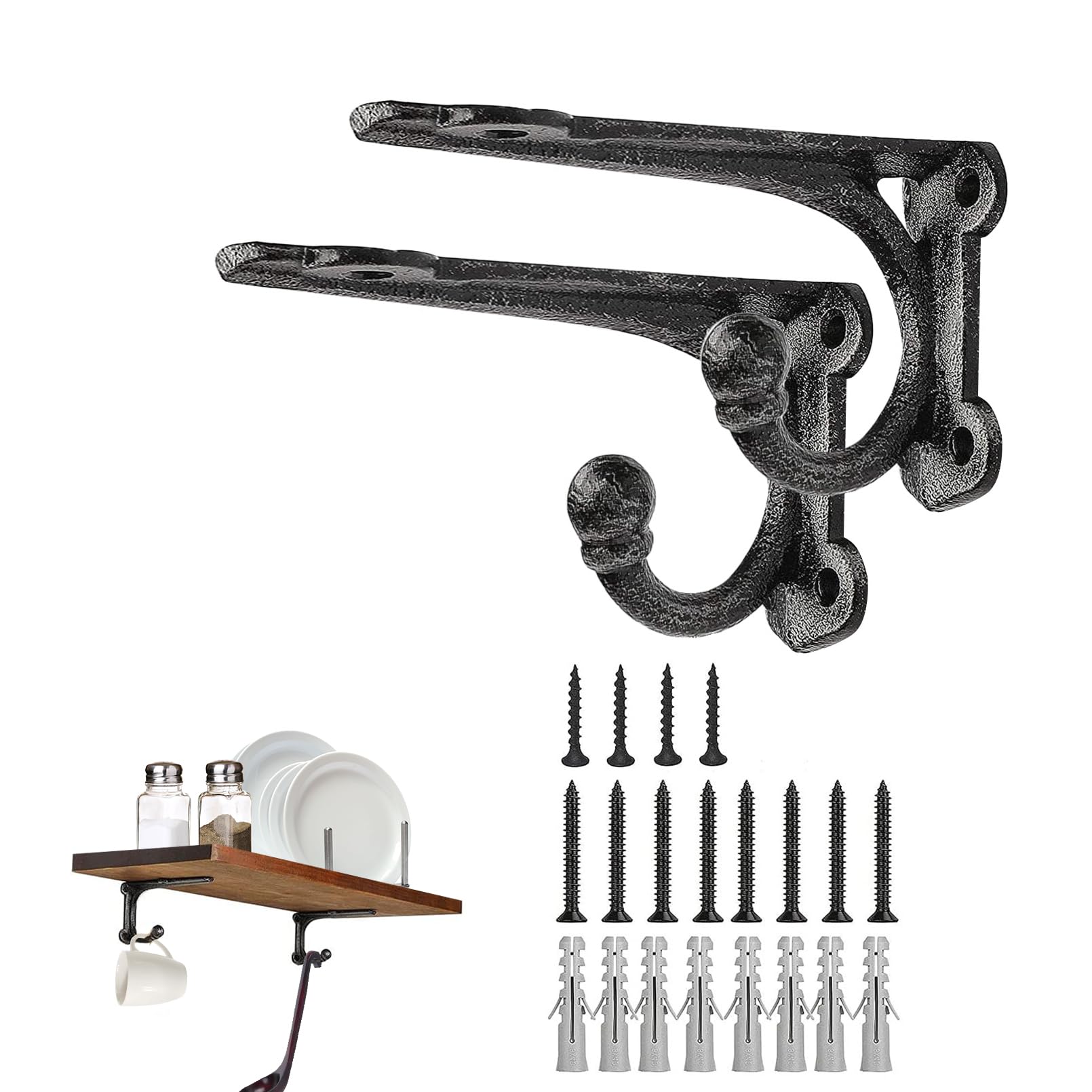4 Inch Heavy Duty Cast Iron Shelf Brackets (2 Pack) - Rustic Black Wall Mounted Brackets with Hooks for Floating Shelves | Perfect for Home Office, Kitchen Storage & Garage Organization