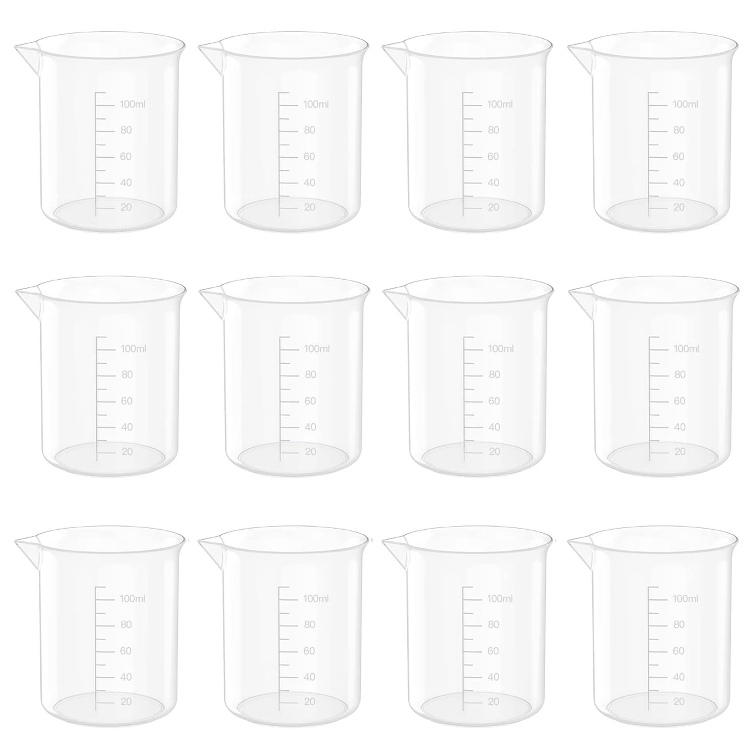 12 Pcs 3.4 Oz (100ml) Clear Plastic Measuring Cups - Lab Beakers for Science Experiments, Baking, Cooking & Liquid Measurement - Durable & Transparent Kitchen & Laboratory Tools