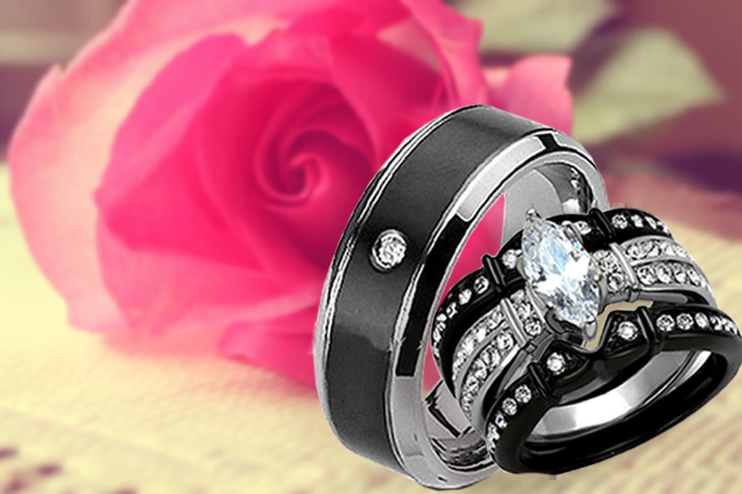 His and Hers Couples Rings - Black Stainless Steel Wedding Bands, Matching Engagement Rings for Men & Women - Perfect for Anniversaries, Proposals, and Romantic Gifts